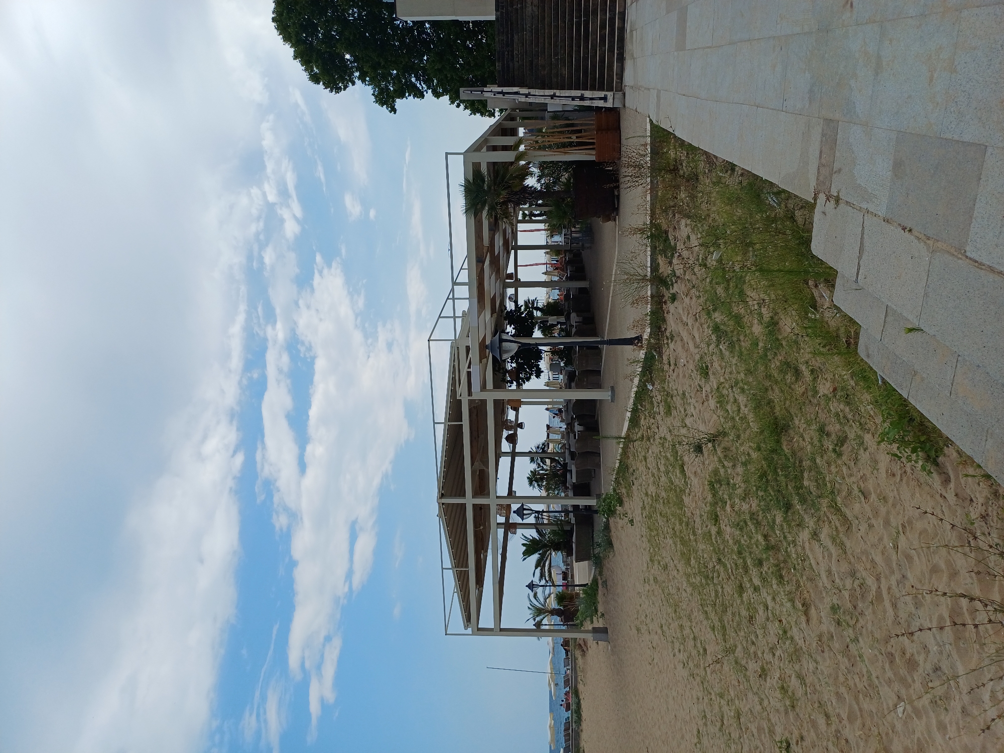The image depicts a beachside restaurant with a covered outdoor seating area on a sandy beach, likely in Varna, Bulgaria. In the foreground, the sandy beach has sparse patches of green grass. A paved pathway and stone steps lead up to the right side of the frame, adjacent to a large tree. Behind the sand, a white-framed canopy structure covers multiple tables and chairs, suggesting it's a dining area. Palm trees and other potted plants are visible within and around the covered space. In the background, the sea is visible with a few beach umbrellas and people lounging on the sand. The sky is partly cloudy with blue sky showing through.