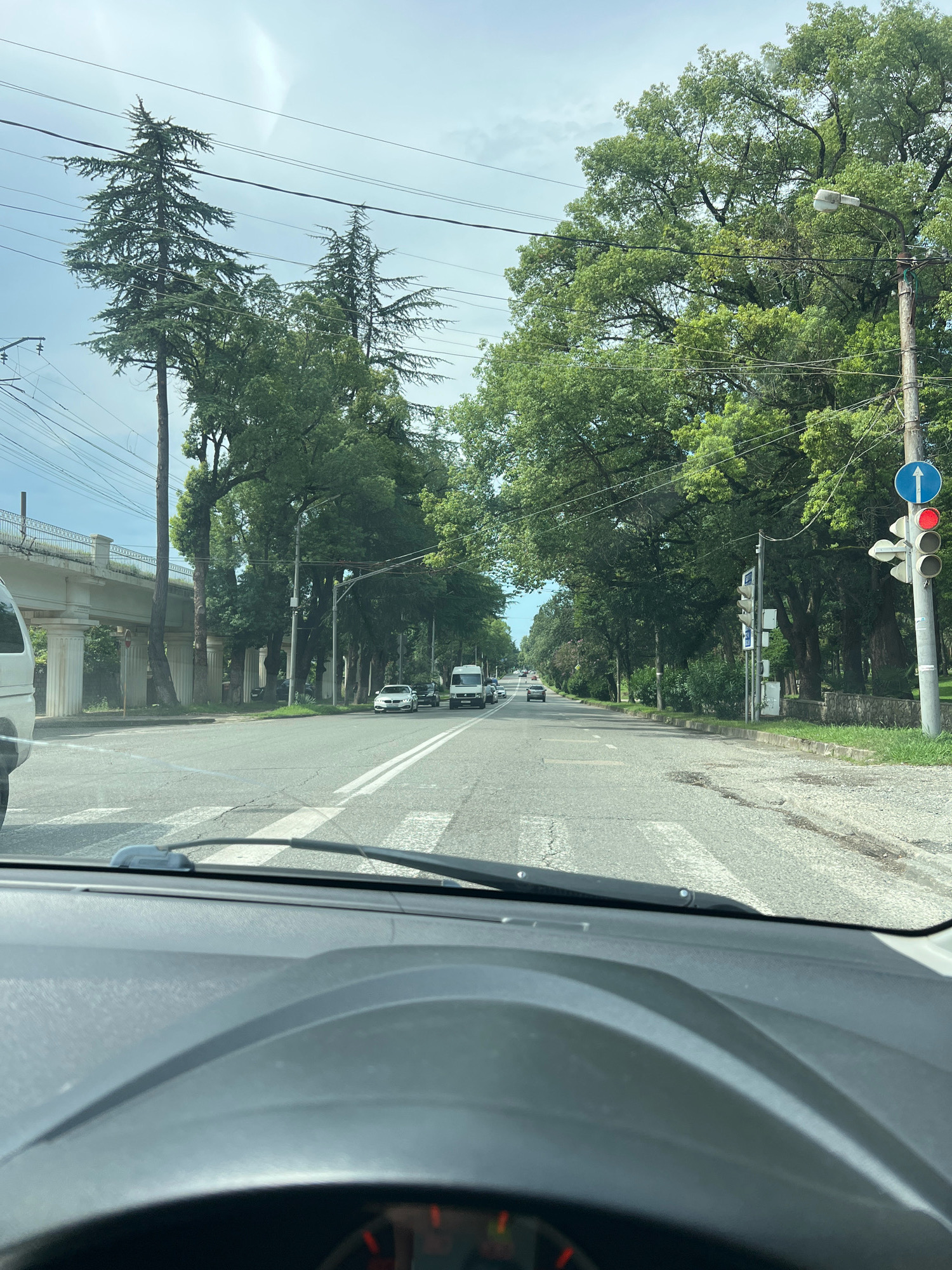 The image, taken from the interior of a vehicle, captures a street scene in Sokhumi, Abkhazia. A multi-lane road stretches ahead, bordered by lush green trees on both sides. On the right side of the road, a traffic light displays a red signal, and a blue circular sign with a white arrow indicates the direction of travel. A lamppost is also visible. On the left side of the road, an elevated structure with white columns supports a walkway or bridge. Several vehicles are present on the road, including cars and a white van. The sky is overcast. The foreground shows the dashboard of the vehicle and the windshield wipers.