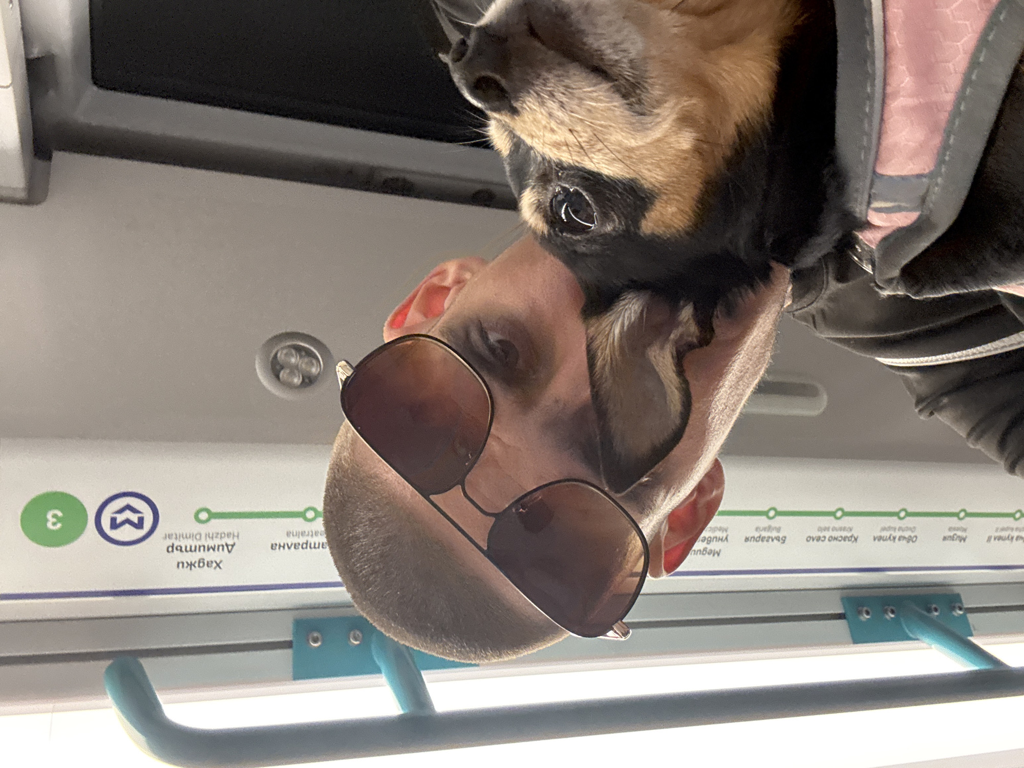The image shows a close-up of a person and a dog on a Sofia Metro train. The person, with a shaved head and sunglasses, is holding the dog, which is wearing a pink harness. Behind them, a Sofia Metro line map is visible, showing station names in both Bulgarian and English. The train carriage interior is also visible, with handrails and lighting. The overall lighting is bright, suggesting daytime travel.
