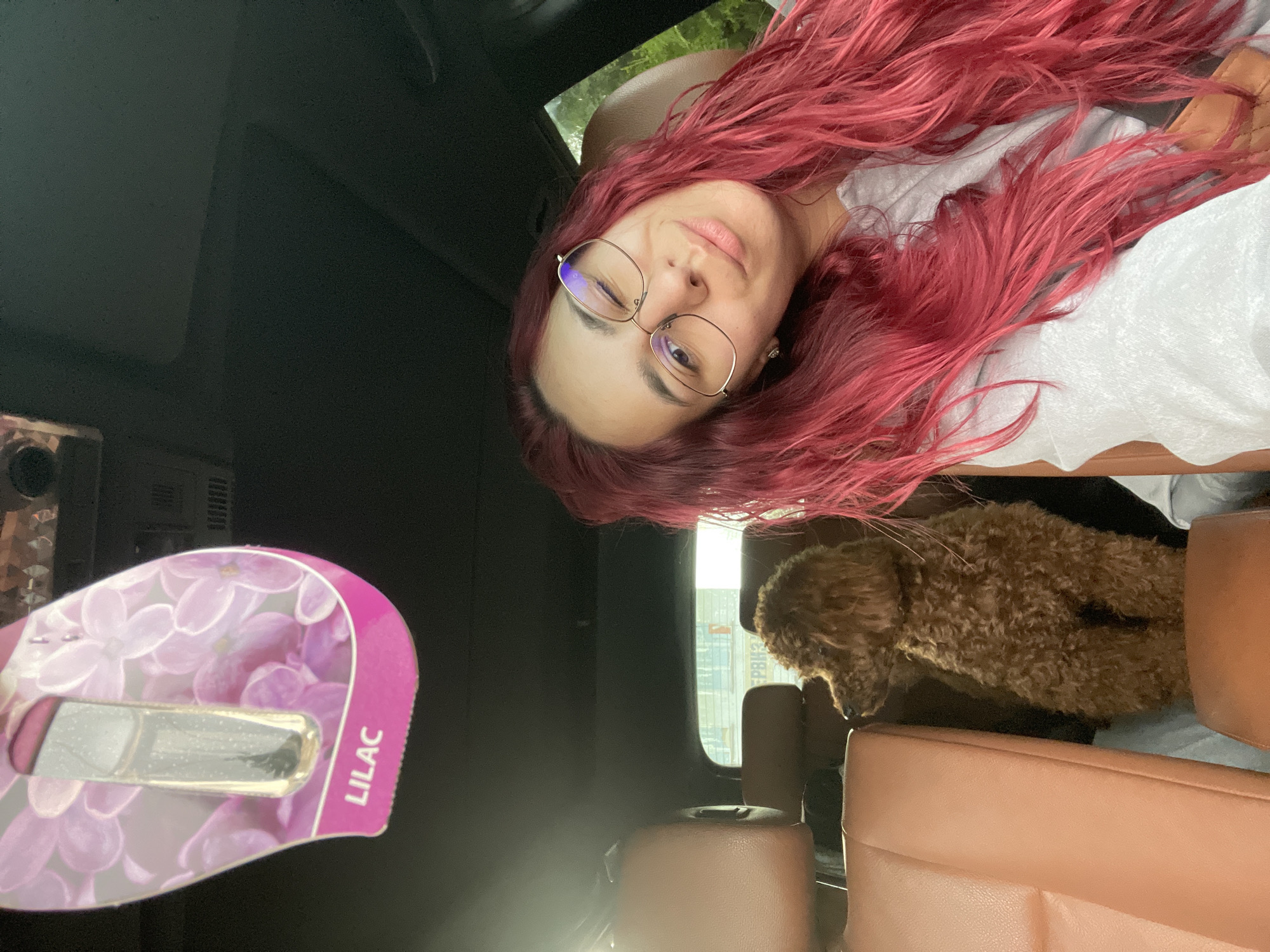 Inside a vehicle, a woman with vibrant red hair and glasses is positioned with her head tilted toward the camera. To her right, a brown poodle is visible on the seat. To the left, a "Lilac" scented air freshener is prominently displayed. Outside the vehicle window, a blurred cityscape can be seen, potentially indicating the city of Pleven, Bulgaria. The interior features dark upholstery, offset by lighter-colored seats.