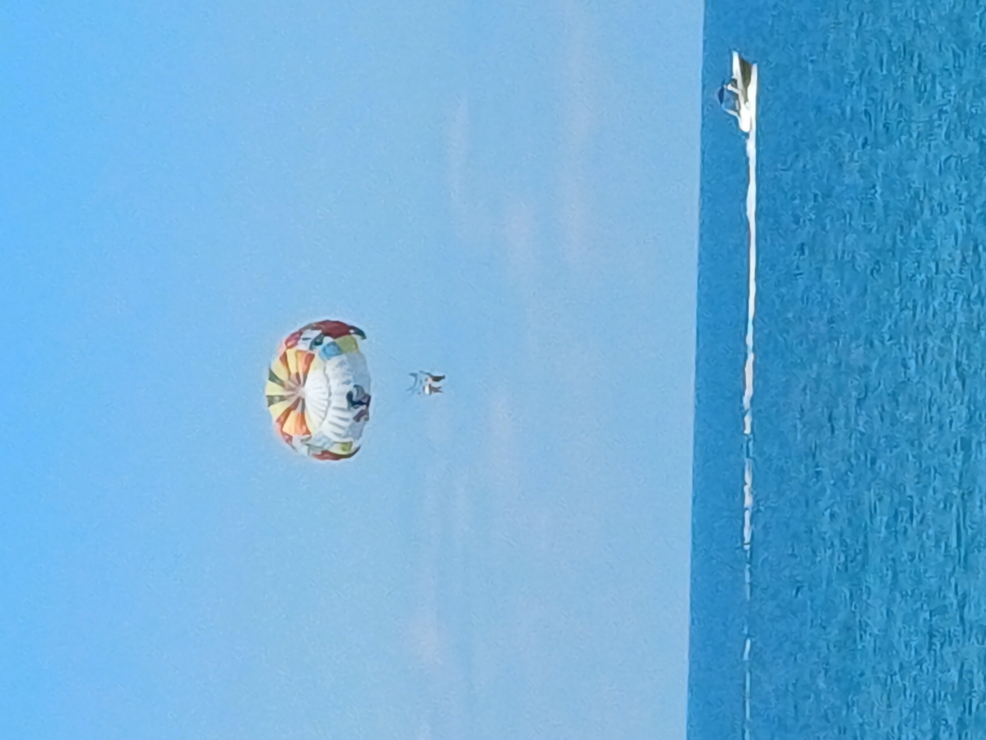 A parachute, adorned with vibrant colors of red, yellow, green, and blue, is suspended against a clear blue sky, carrying two individuals. Below, the turquoise expanse of the Black Sea stretches to the horizon. A white speedboat, leaving a trail of white spray in its wake, cruises across the water, heading towards the right of the frame. The image appears to capture a recreational scene, likely taken from a beach or boat, in the vicinity of Sochi, Russia, a city known for its coastal resorts and water activities.