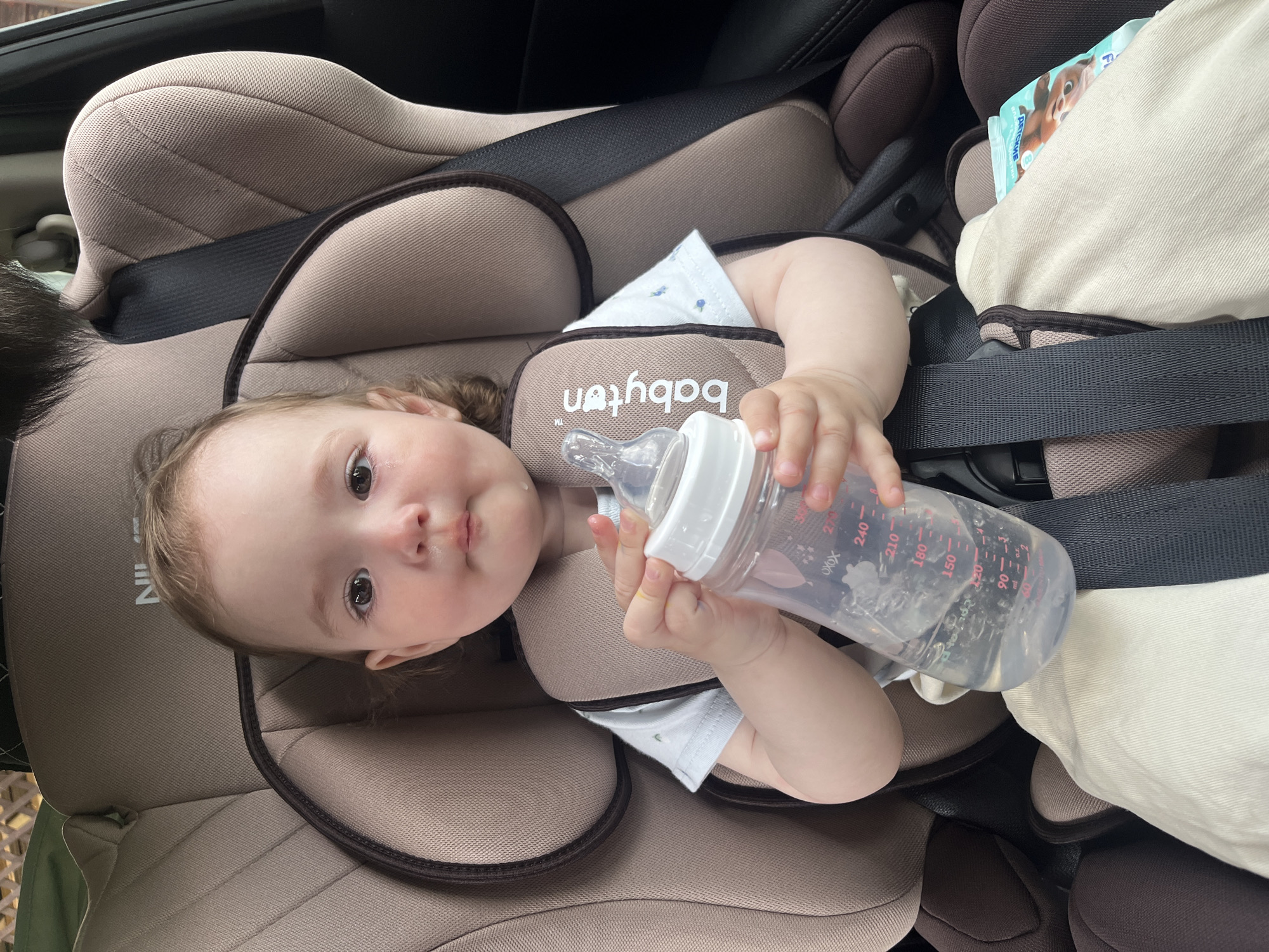 An infant, approximately 12-18 months old, sits in a beige Babytan child safety seat within a vehicle, located in the city of Мшинская, Russia. The child has light skin, light brown, wavy hair, and dark eyes. A visible tear streak runs down the viewer's left cheek, and the child's lips are slightly pouting, indicating distress or recent crying. They are wearing a light blue short-sleeved t-shirt with a subtle pattern of small light blue blossoms or leaves, and light-colored (possibly off-white or beige) pants.
The infant is holding a clear plastic baby bottle with both hands, containing water and several ice cubes. The bottle has a white cap and a clear silicone nipple. Pink volume measurements (e.g., 90ml, 120ml up to 270ml) and the word "OXOX" are printed on the bottle's side.
The car seat is a beige model with dark brown piping and black harness straps, secured around the child. Brown shoulder pads, one of which displays the "Babytan™" logo vertically, are part of the harness system. The car's interior is visible, including a dark panel on the right side of the frame. Partially visible to the lower right of the child's legs is a packet of wet wipes, identifiable by Cyrillic text and a cartoon animal (possibly a fox or dog) on its packaging. The background outside the car windows is blurred and indistinct.