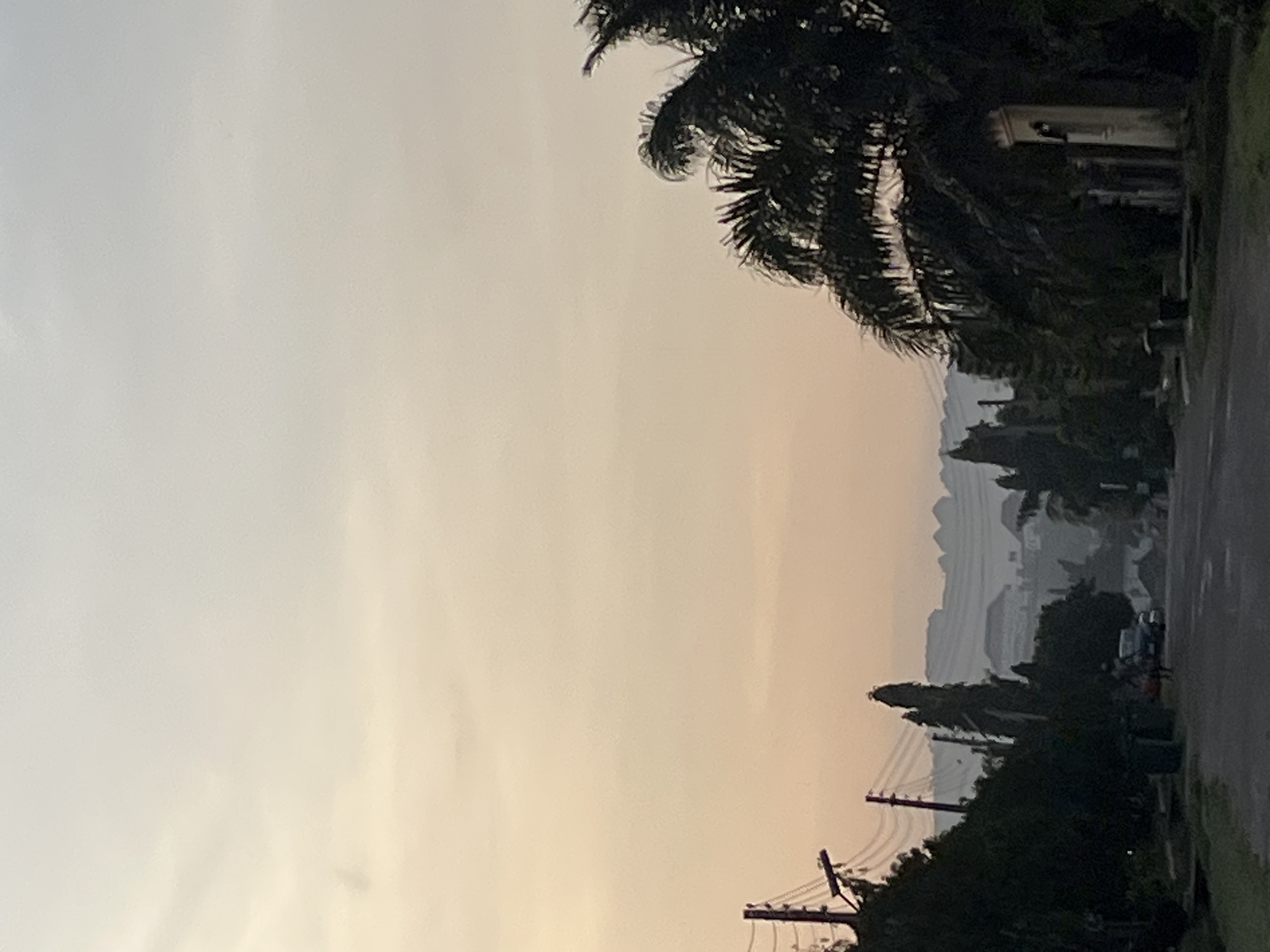 The image captures an outdoor scene at dawn or dusk in Abuja, Nigeria, characterized by a hazy, pale orange sky. A road stretches into the distance, flanked by dense vegetation, including palm trees and manicured hedges. Power lines and utility poles are visible on the left side of the road, suggesting an urban or suburban setting. In the middle ground, a dark-colored vehicle is parked, and two figures, their features indistinct, are walking on the side of the road. Distant, silhouetted structures, possibly houses or buildings, are faintly visible against the horizon, contributing to the atmospheric haze. The overall impression is one of a quiet, early morning or late evening in a residential area of Abuja.