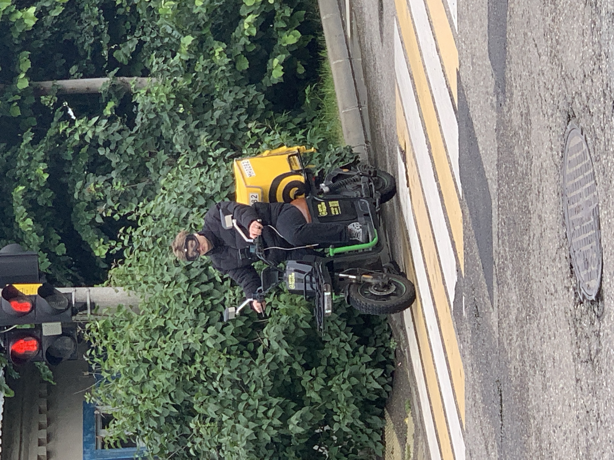 A person wearing a black jacket and goggles is on a dark-colored electric scooter with a yellow delivery box attached to the back. The scooter is on a pedestrian crosswalk at a street intersection in an urban environment. The traffic light shows a red signal. Lush green foliage surrounds the intersection. A manhole cover is visible on the right side of the street. The delivery box has a logo and registration code "MH0282" visible.