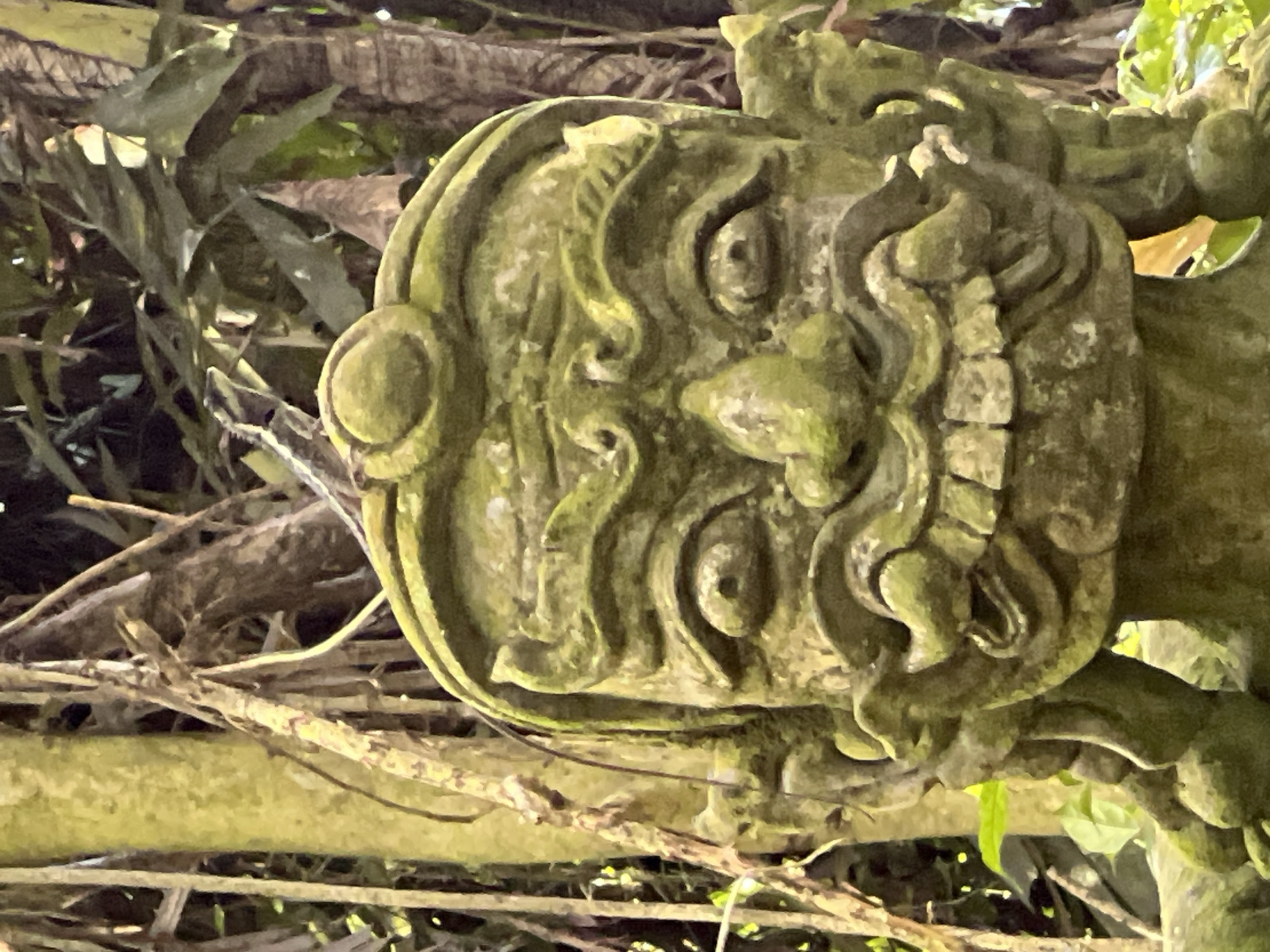 The image is a close-up, eye-level shot of a moss-covered stone statue of a mythical creature's head. The statue features exaggerated, stylized facial features including large, bulging eyes, a prominent nose, and a wide, open mouth displaying rows of sharp teeth. Ornate, swirling carvings adorn the forehead and cheeks, and what appear to be horns or headdresses extend from the sides of the head. The statue is positioned outdoors, with a background of dense foliage and tree trunks, suggesting a natural or garden setting. The overall color palette is dominated by greens from the moss and the surrounding vegetation, with brown tones from the stone and trees. No people or animals are visible, and no specific location in Ban Bang Khao, Thailand, can be determined from the image itself.