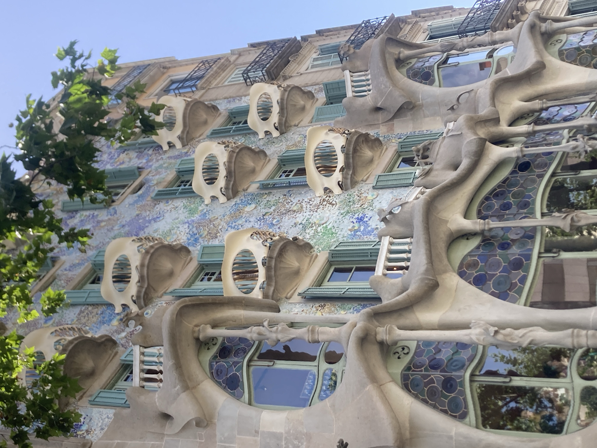 The image shows the facade of Casa Batlló, a building designed by Antoni Gaudí, located in Barcelona, Spain. The architecture is characterized by its organic, flowing forms and colorful mosaic ornamentation. The facade is adorned with distinctive balconies that resemble bones and masks, and the windows are framed in a way that creates an undulating effect. Green shutters are visible on many of the windows. Above the balconies, the building's surface is covered with a mosaic of colorful tiles in shades of blue, green, and purple, interspersed with white elements. The top of the building is partially obscured by lush green tree branches and leaves, suggesting an outdoor setting on a sunny day. The sky above is clear and blue. The image is taken from a low angle, emphasizing the grandeur and unique design of the building.