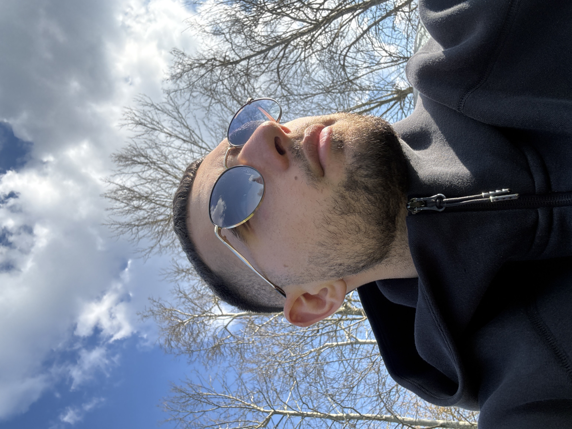 A man is pictured from a low angle, looking upwards. He is wearing round sunglasses with gold frames. He has short, dark hair and a beard. He is wearing a dark hoodie, partially zipped up. Above him, there is a clear blue sky with white clouds, and bare tree branches. The photograph may have been taken outdoors on a bright day. The location is not evident from the image and cannot be pinpointed to Dushevo, Bulgaria.
