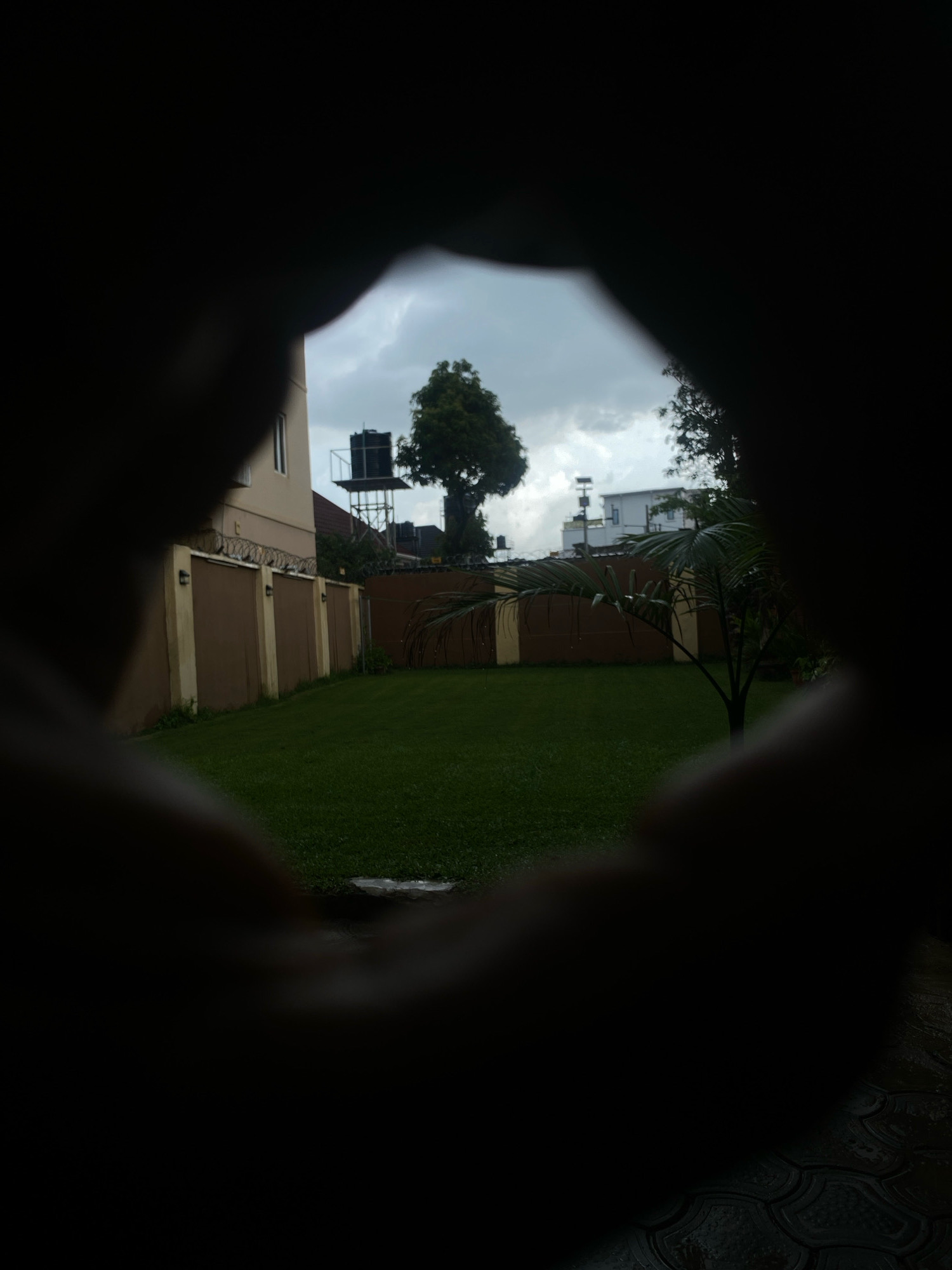 The image captures a view through a dark, amorphous opening, likely formed by hands, looking out onto a residential backyard in Barden Yana, Nigeria. The yard is covered in well-maintained green grass, with a brown fence bordering its perimeter. On top of the fence, barbed wire is visible. Behind the fence, a light-colored building with white window frames stands to the left, and further back, another building with a flat roof and multiple windows is present. A water tank on a metal structure is also visible, as is a tall tree. In the center of the yard, a small palm tree is growing. The sky above is overcast with heavy clouds, suggesting it might be raining or has recently rained, as indicated by the wet pavement visible in the lower right corner of the frame. The overall impression is of a quiet, domestic scene, possibly observed from indoors or a sheltered outdoor space.
