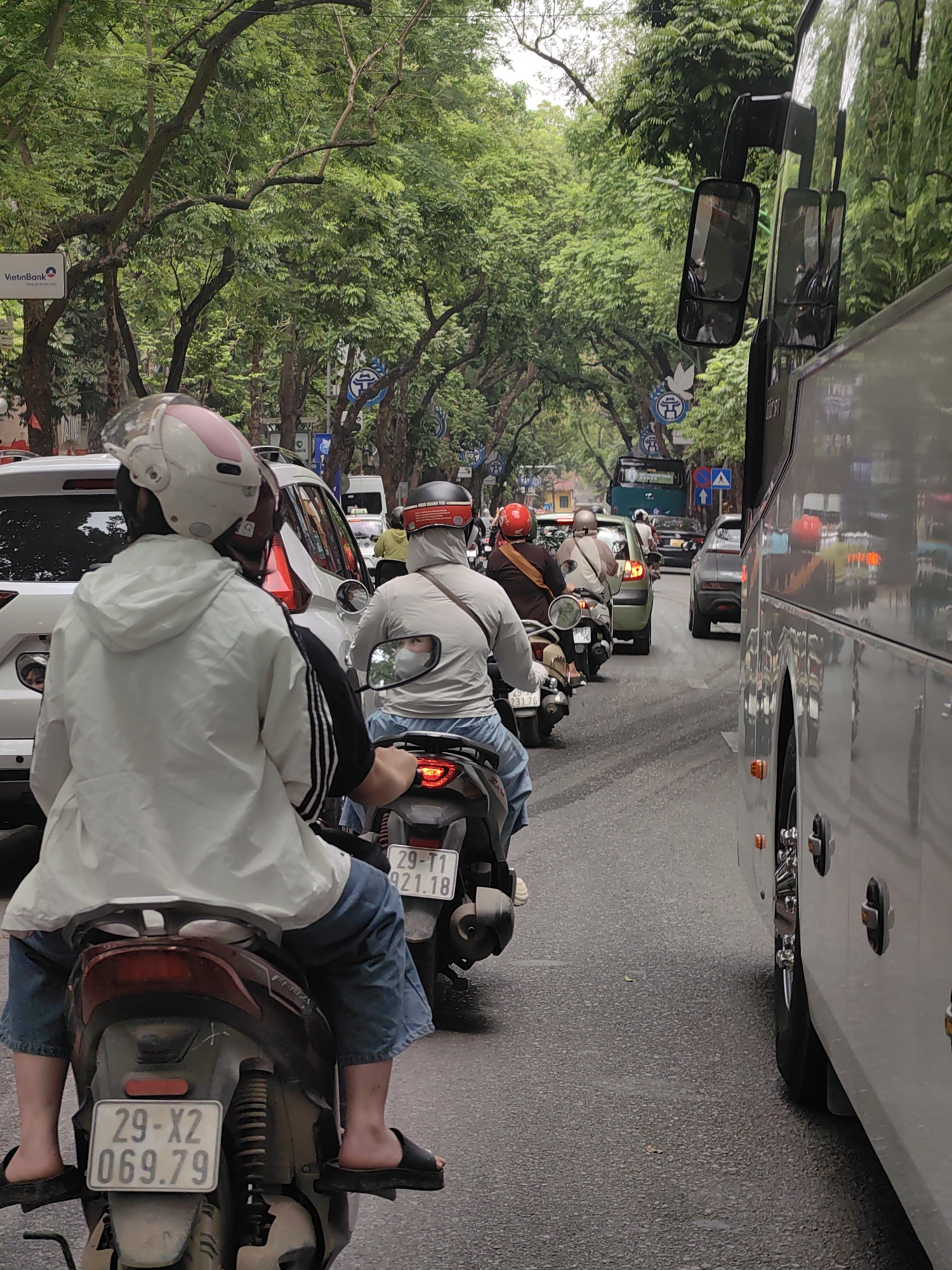 The image depicts a busy street scene in an urban environment, characteristic of Hà Nội, Vietnam. Numerous vehicles, predominantly motorbikes, are caught in slow-moving traffic or a queue, under a dense canopy of lush green trees that line the street.
In the foreground, a person on a dark-colored motorbike is seen from behind, wearing a white hooded jacket, blue shorts, and a white and pink helmet. They are wearing black sandals, with their feet resting on the motorbike's footrests. The license plate on this motorbike reads "29-X2 069.79". Directly behind them, another person on a motorbike wears a light tan/grey long-sleeved top, a grey helmet, and a face mask, with a brown bag slung over their shoulder. Their motorbike's license plate is partially visible as "29-T1 921.18". Further down the line of motorbikes, a person wearing a red helmet is also visible.
To the right, a large grey bus occupies a significant portion of the frame, its reflective side mirrors showing reflections of the street and surrounding trees. In the mid-ground, a white SUV is visible just ahead of the foreground motorbikes, followed by a light green car and another dark car. A green bus is also visible further down the road.
The scene appears to be set during the daytime, possibly overcast or cloudy, as indicated by the soft, diffused lighting and lack of strong shadows. Road signs are present, including a white "VietinBank" sign on the left, and several blue circular traffic signs with white symbols, as well as a blue rectangular sign with a white arrow. The prevalence of motorbikes and the specific license plate format are consistent with the provided location context of Hà Nội, Vietnam.