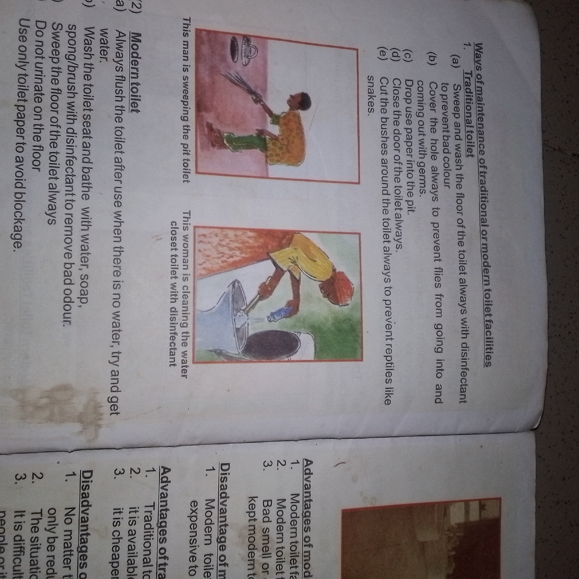The image depicts two pages of a book, likely an educational text, focusing on toilet maintenance and types.
On the left page, text describes the maintenance of a "Modern toilet," including steps such as flushing after use, washing the seat and bathing with water, soap, and disinfectant. It also advises against urinating on the floor and suggests sweeping the floor to avoid blockages. A small illustration shows a person sweeping a pit toilet. Further down, text discusses "Ways of maintenance of traditional or modern toilet facilities," detailing actions like sweeping and washing the floor, covering holes, dropping paper into the pit, closing the door to prevent reptiles, and cutting bushes. An illustration shows a person cleaning a water closet toilet.
The right page features bulleted lists under "Advantages of tra" and "Disadvantages of m." The advantages include "Modern toilet" and "Traditional toilet" with sub-points like "it is available" and "it is cheaper." The disadvantages list "Modern toilet" and "Modern toil" with points like "No matter t" and "The situatio."
The image does not contain any information about the city of Jalingo, Nigeria. The content is solely text and illustrations related to toilet hygiene and types.