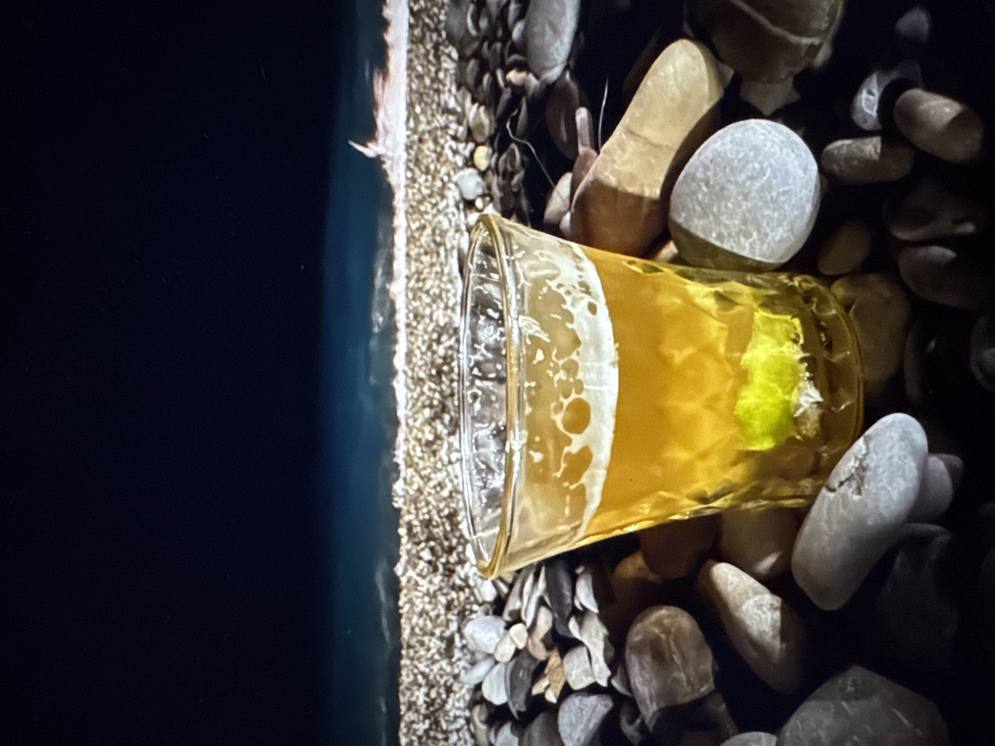 A glass of beer sits on a rocky surface, with a dark body of water and the faint glow of lights in the background. The scene is lit from above, casting shadows on the pebbles surrounding the glass. The beer is golden yellow with a frothy head and a wedge of lime at the bottom of the glass. The background water appears to be choppy, suggesting a windy or rough sea. The overall impression is one of a serene evening at the beach, with the drink adding a touch of relaxation to the atmosphere. There is no identifiable location in the city of Porrentruy, Switzerland.