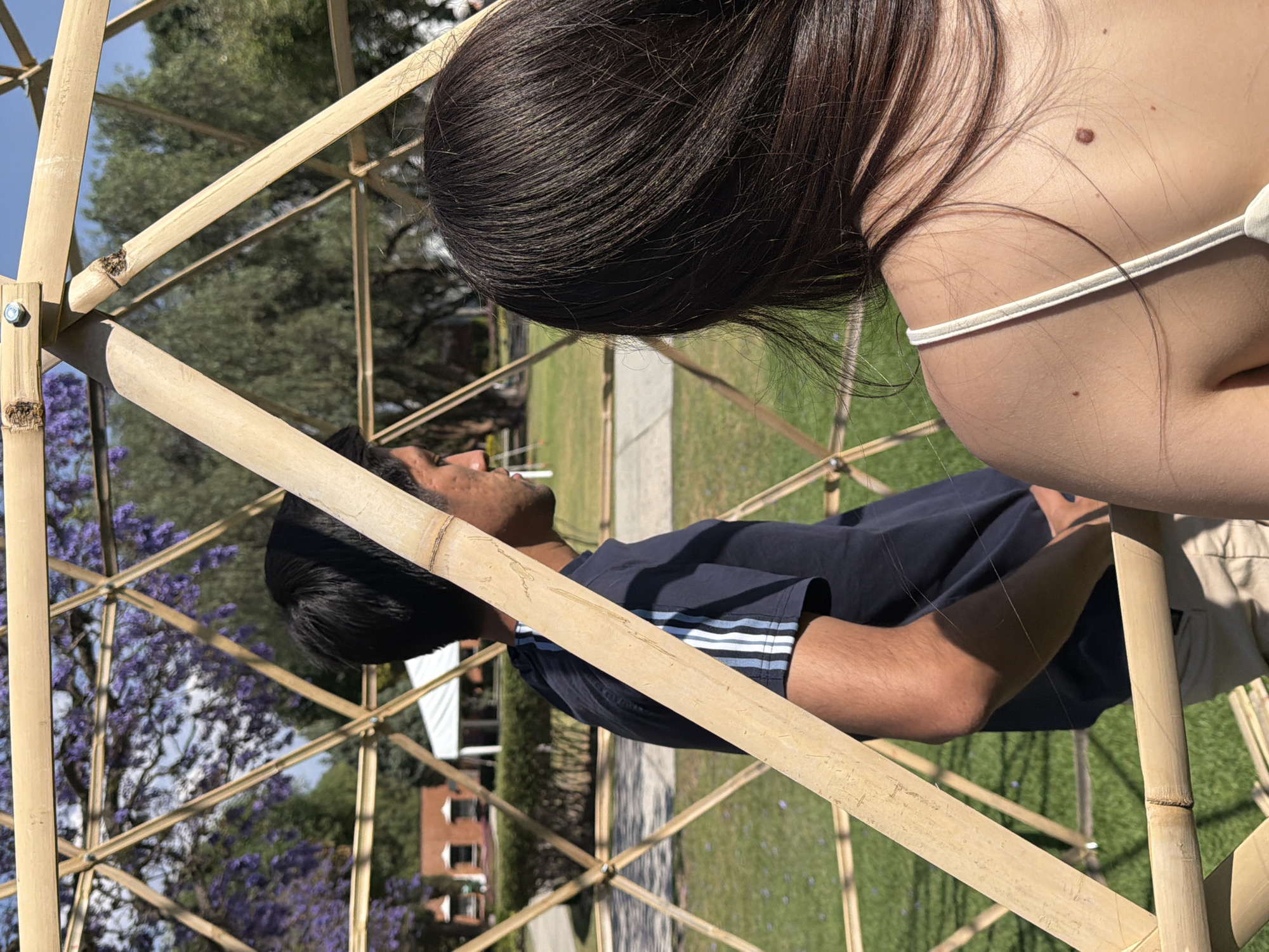 The image captures an outdoor scene in San Andrés Cholula, Mexico, on a bright, sunny day. The foreground is dominated by a geodesic dome structure constructed from light-colored bamboo poles, secured with visible metal bolts.
Two individuals are positioned within this bamboo framework. In the immediate foreground, with her back largely facing the camera, is a person with long, dark brown hair cascading down her back. She wears a light-colored, thin-strapped top, revealing her bare right shoulder and upper back, which exhibits several small, dark moles. Her head is turned slightly to her left.
The second individual, a male, is visible in the mid-ground, standing in profile facing towards the right of the frame. He has short, dark hair and a medium complexion, with some blemishes visible on his cheek. He is wearing a dark blue t-shirt with light blue and white stripes on the right sleeve, and light-colored trousers. His right arm is bent, and his hand is not clearly visible. He appears to be looking to his right, away from the first individual.
The background features a well-maintained green lawn with scattered purple petals, suggesting fallen blossoms from the prominent jacaranda trees visible. Directly behind the individuals, several trees with green foliage are present. In the far background, to the left, low-rise buildings with reddish-brown walls and tiled roofs are discernible. Adjacent to these buildings, a large white tent or canopy stands on the grass. The sky is clear and blue. Strong shadows across the scene indicate direct sunlight.