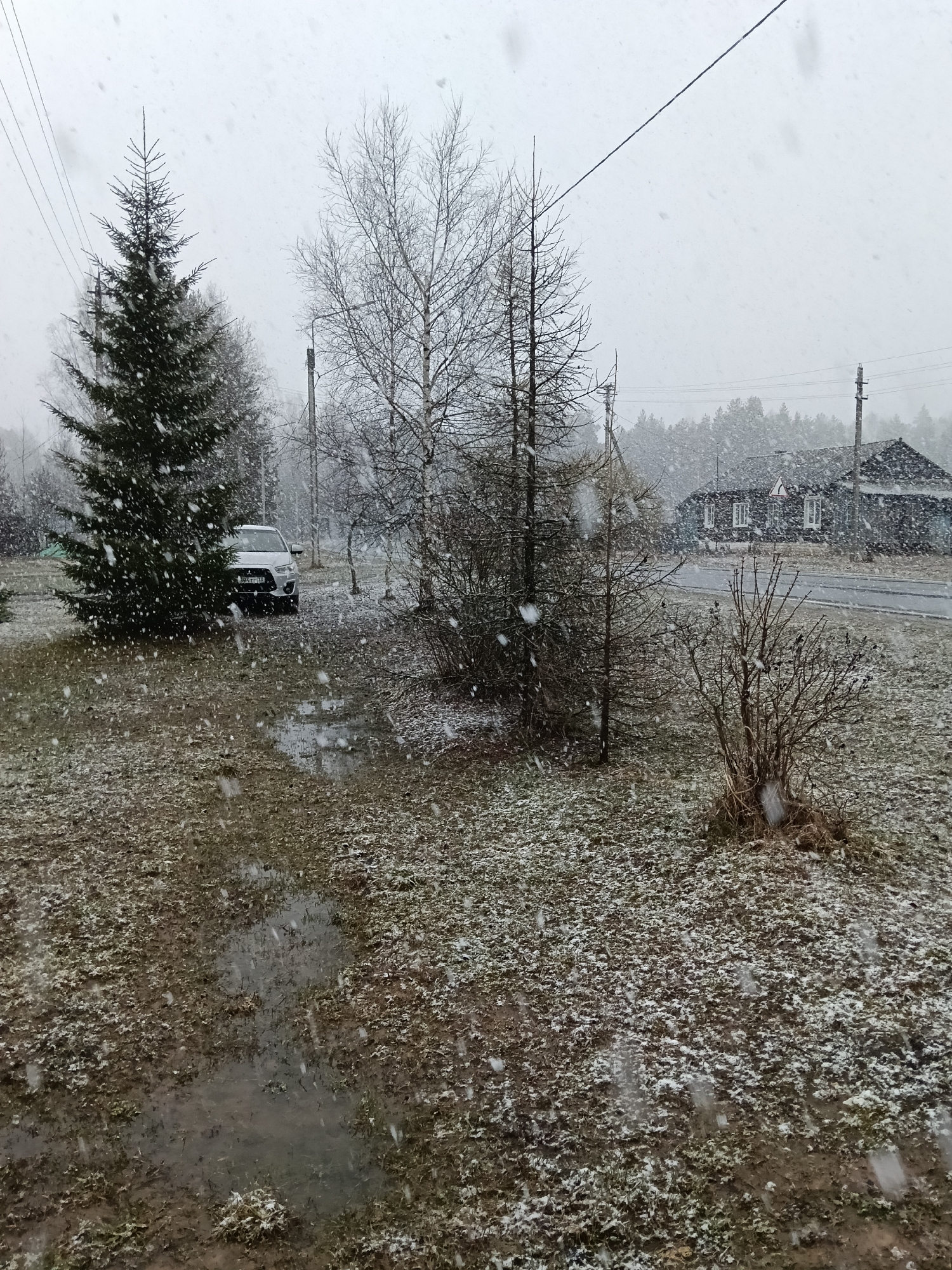 The image shows a snow-covered scene in Красный Маяк, Russia. A gray car is parked near a large evergreen tree. Several bare trees and bushes stand between the viewer and a road, beyond which is a dark building. Power lines run across the sky. The ground is a mix of grass and snow, with puddles of water visible. It is snowing heavily.