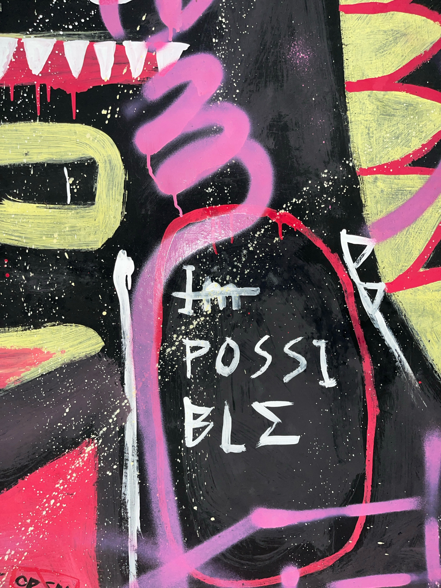The image is a close-up, eye-level shot of a vibrant abstract painting with a black background. Bold strokes of yellow, pink, red, and white paint create dynamic shapes and lines. Prominently featured are the words "IMPOSSIBLE" written in white lettering, with the "IM" partially obscured by tally marks. The painting exhibits a textured, graffiti-like style with splatters of white and pink paint scattered across the surface. The overall impression is energetic and expressive. There is no discernible location in the city of Surakarta, Indonesia, as the image is solely focused on the artwork itself.