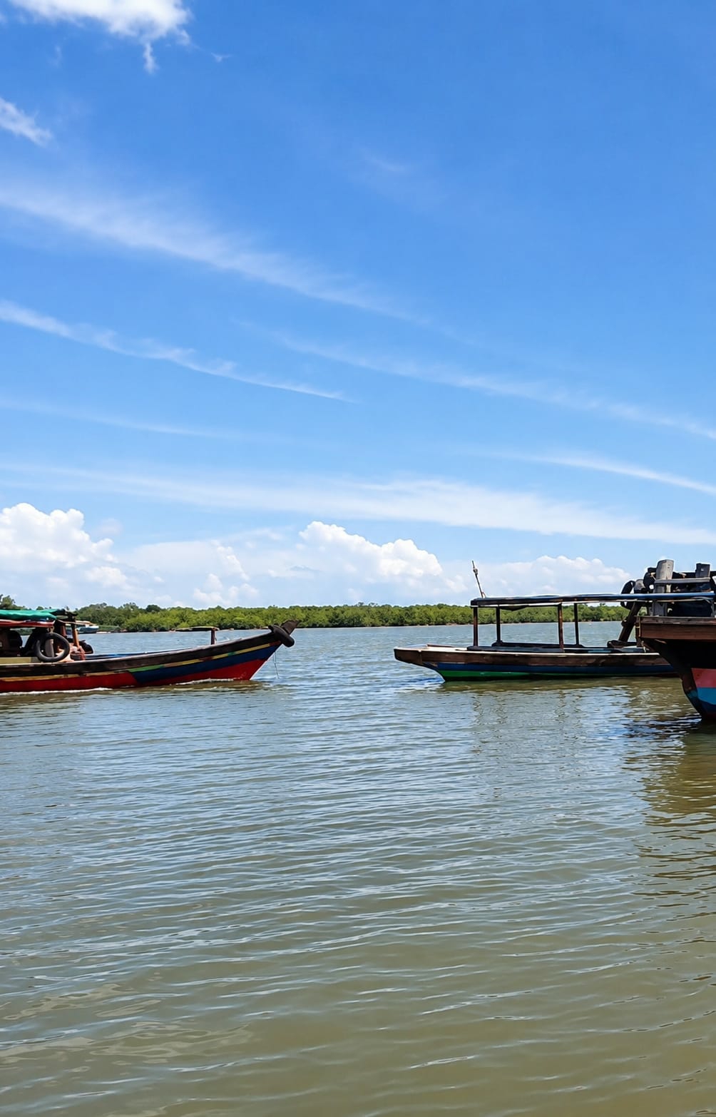 The image captures a serene river scene in the City of Medan, Indonesia, on a bright, sunny day. The sky is a vibrant blue, adorned with scattered white clouds, some of which are wispy and others are more cumulus-like. A line of lush green trees forms a dense horizon along the riverbank, suggesting a natural, possibly mangrove-rich environment.
In the foreground and mid-ground, several colorful wooden boats are present on the calm, murky water. On the left, a long, narrow boat with a red and blue hull is moving. A person is visible on this boat, appearing to steer or operate it. To the right of this boat, another wooden boat with a covered seating area, painted in shades of green and brown, is stationary or moving slowly. Further to the right, a portion of another boat, with red and blue accents, is visible, partially obscured by the central boat. The water reflects the sky and the boats, creating a slightly rippled surface. The overall impression is one of peaceful activity, likely related to transportation or fishing in the region.