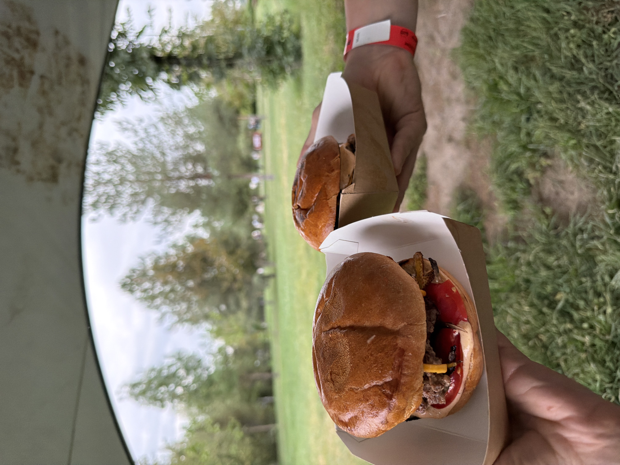 Two hands hold two burgers in paper containers. The burger in the foreground is a beef burger with a golden-brown bun, cheese, meat, red sauce, and what appears to be some kind of relish or pickles. The burger in the background is partially obscured but also has a golden-brown bun and appears to be a similar type of burger. The background is an outdoor park-like setting with green grass and trees, suggesting a casual outdoor event or picnic. The sky is overcast. One of the hands is wearing a red wristband with some text on it. The scene is likely taking place in Pervomayskiye Prudy, Kazakhstan, based on the provided context.