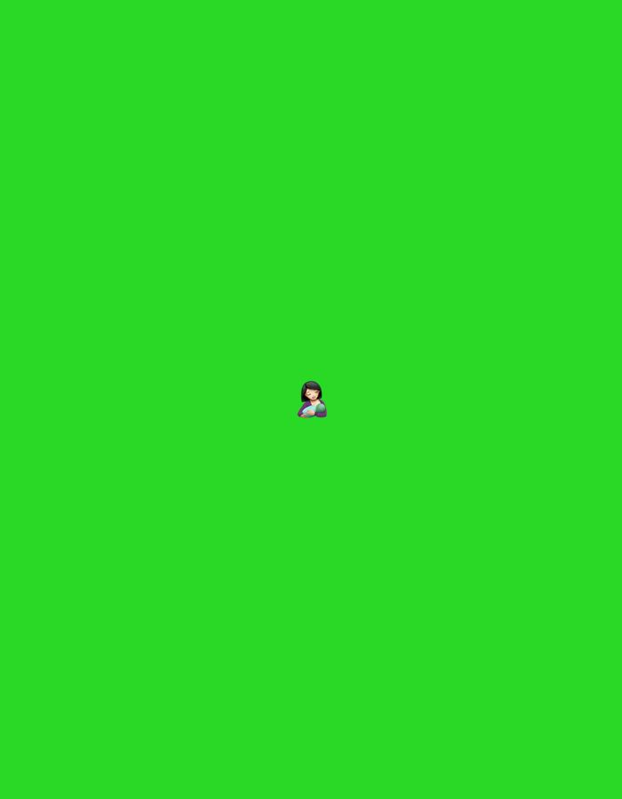 The image displays a static digital graphic of a woman, rendered in an emoji-like style, against a uniformly bright green background. The woman features short, dark hair, a light-colored top, and a garment in shades of purple or pink draped over her shoulders. Her head is slightly tilted. The figure is positioned centrally in the frame, slightly elevated from the vertical midpoint. The environment consists solely of the solid green color, indicating a chromakey backdrop. This scene is described as being located in the city of Santa Ana, Venezuela.