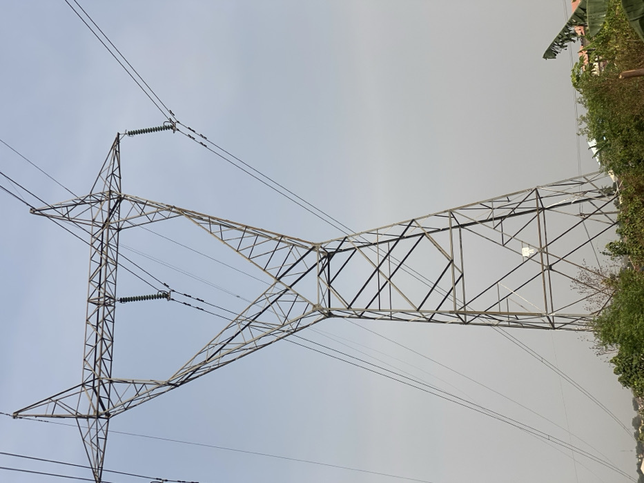 The image displays a large, grey, metallic lattice electricity transmission tower located in Fajo 2 Division Range, Nigeria. The tower dominates the frame, rising from the bottom edge and extending into the upper portion, featuring a tapering structure that widens at the top to support multiple power lines. These power lines are attached to the tower's cross-arms via several green-tinted insulators. The sky is uniformly light grey-blue, indicating either an overcast condition or atmospheric haze. The foreground and lower mid-ground contain dense green and brown vegetation, including bushes and the fronds of a plant resembling a banana tree on the right. In the distant background, partially obscured by foliage and atmospheric conditions, are the indistinct outlines of several buildings or structures. No individuals, specific actions, or interactions are visible within the scene.