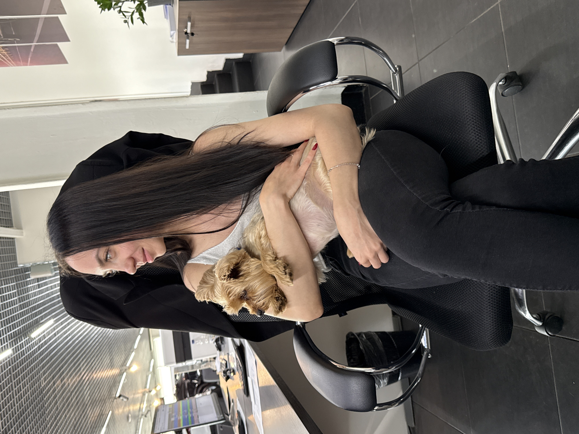 A woman with long, dark hair is sitting in a black office chair, holding a small, tan dog in her arms. She is wearing a light-colored, sparkly top and black pants, with a black blazer draped over her shoulders. The dog, appearing to be a Yorkshire Terrier, is nestled comfortably against her. The woman is looking down at the dog with a gentle expression. The scene appears to be an office environment, with metal shelving and fluorescent lighting visible in the background. A desk with computer monitors can be seen to the left. The image is oriented vertically, with the top of the frame to the left. The overall mood is one of quiet affection and relaxation in a professional setting.
