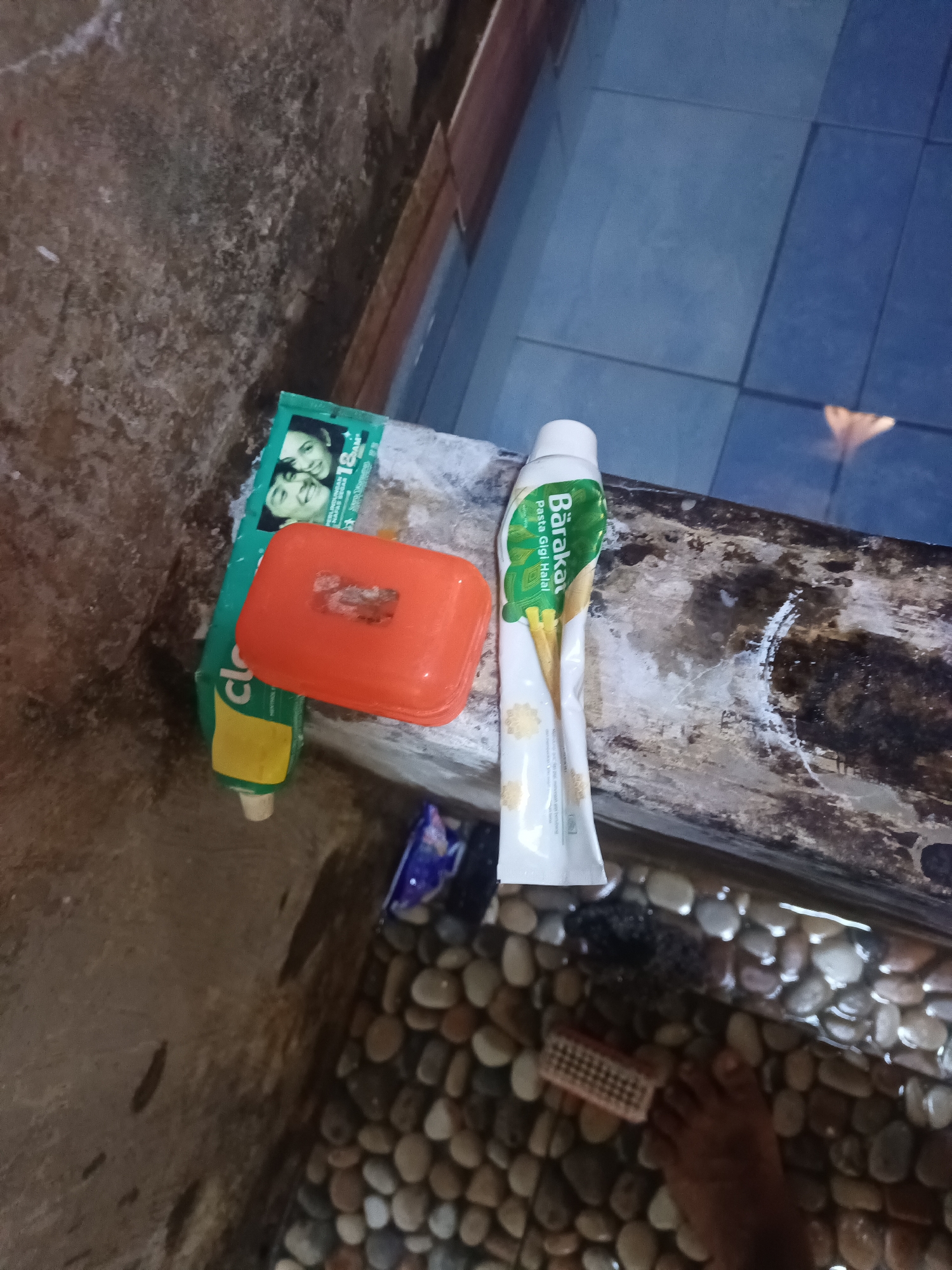 The image depicts a bathroom setting, likely in Terbanggi Marga, Indonesia, with items typically found in a bathing area. On a stone ledge, a tube of "Baraka Pasta Gigi Halal" toothpaste and a rectangular orange soap dish are placed. Next to these, a partially visible green tube of toothpaste is present. The ledge appears weathered and sits beside a tiled pool of water. The ground surrounding the ledge is a mix of concrete and decorative pebbles, with a foot and a scrub brush visible near the water's edge. The overall environment suggests a functional, possibly rustic, bathroom setup.