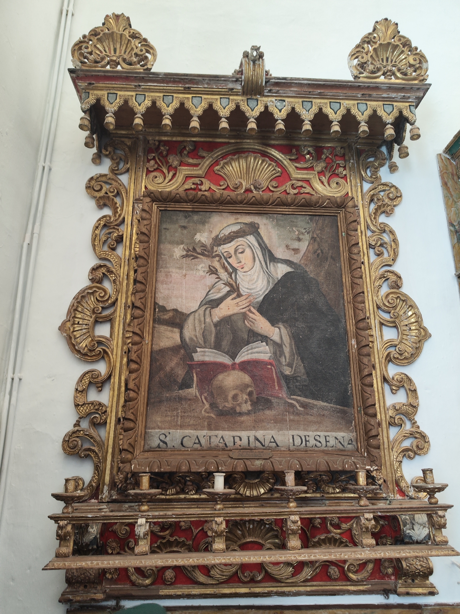 This media file captures a detailed view of a religious painting housed within an ornate, gilded wooden altarpiece, likely situated in a church in Ponta Delgada, Portugal.
The central subject is a painting of a female saint, identified by the visible text "S. CATARINA DESENA" at the bottom as Saint Catherine of Siena. She is depicted in a contemplative pose, wearing a dark habit, a white veil, and a crown of thorns. In her hands, she delicately holds a branch with white flowers, possibly lilies, which symbolize purity. Her gaze is directed downwards towards an open red book resting on a surface before her, beside which lies a human skull. This imagery typically signifies deep spiritual contemplation, asceticism, and the memento mori (reminder of mortality) theme common in religious art.
The painting is enclosed by an exceptionally elaborate frame, part of a larger wooden structure that serves as an altarpiece or devotional niche. This structure is richly decorated with gold leaf and contrasting red painted sections. Intricate carvings include scrolling acanthus leaves, prominent shell motifs at the top and sides, and a row of decorative tassels suspended from the upper canopy. The lower section of the altarpiece features a shelf with several empty candleholders, suggesting its use in past or present devotional rituals. The background is a simple white wall, emphasizing the artwork and its decorative setting. The overall presentation reflects a blend of religious devotion and artistic craftsmanship.