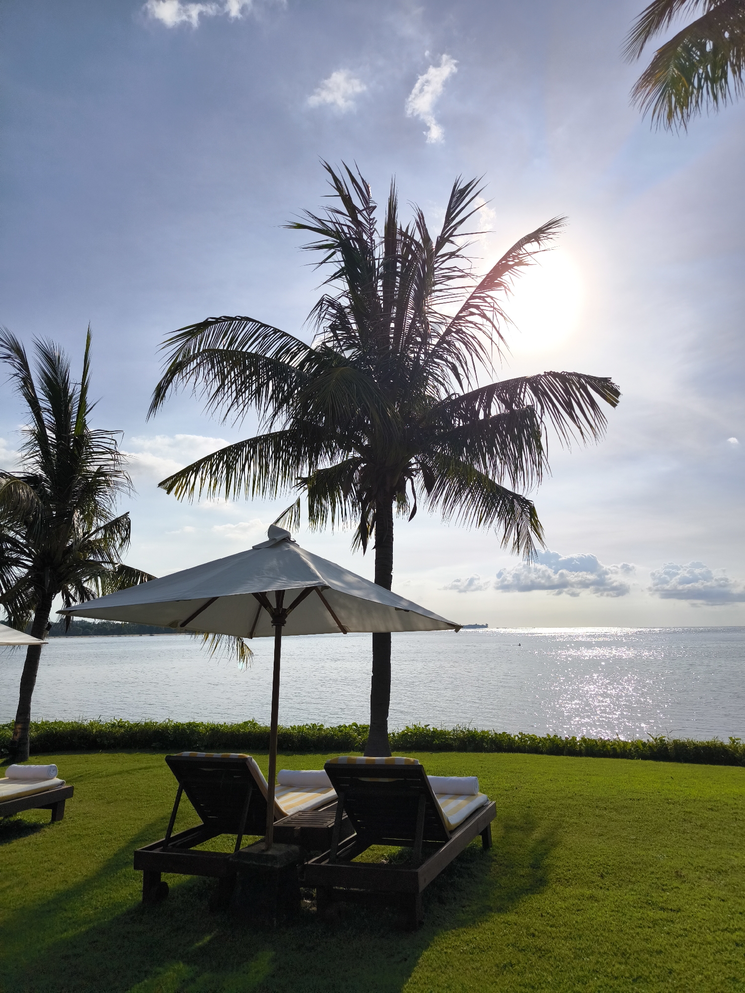 The image depicts a tranquil beach scene in Sigar Penjalin, Indonesia. A well-manicured green lawn slopes gently towards a body of water, likely the ocean, shimmering under a bright sun. Two dark-wood lounge chairs with cushions sit beneath a large white umbrella, suggesting a relaxing spot. A tall palm tree, partially obscuring the sun, casts shadows on the lawn. Another palm tree is visible on the left, partially out of frame. The sky is pale blue with scattered white clouds. The sun's glare creates a sparkling effect on the water's surface. A hint of land or an island can be seen in the distant background.