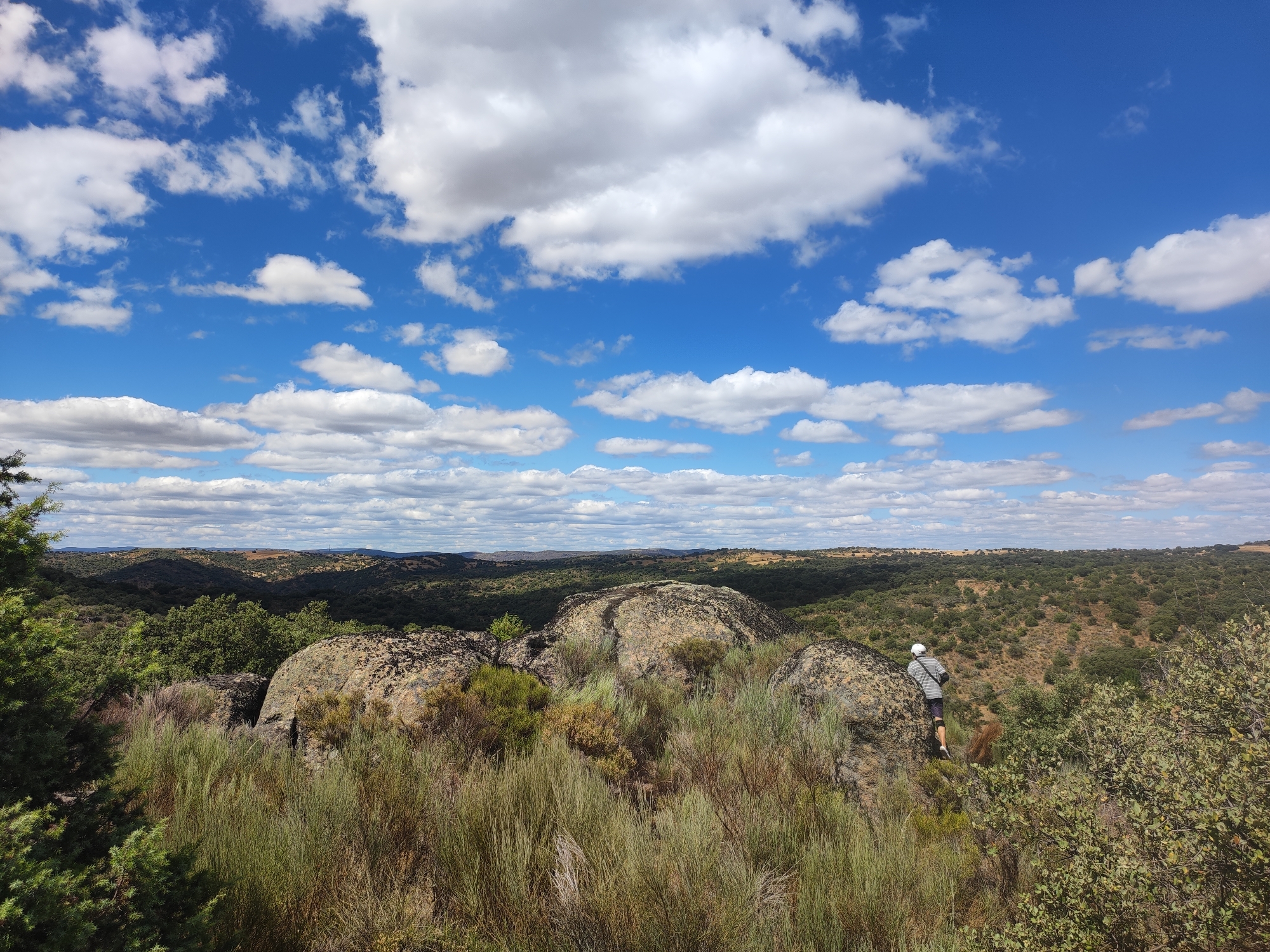 This is a landscape photograph taken in Sobradillo, Spain. The image captures a person walking on a rocky, vegetated terrain under a bright blue sky filled with white, puffy clouds. The foreground is dominated by large, moss-covered rocks and dry, tall grasses. In the middle ground, more rocks and green shrubs are visible. Beyond this, a rolling landscape covered in trees and vegetation stretches to the horizon under the expansive sky. The person is seen from behind, wearing a white cap and a striped shirt, and appears to be walking away from the camera and toward the right side of the frame. The overall scene suggests an outdoor, natural environment with a clear day.