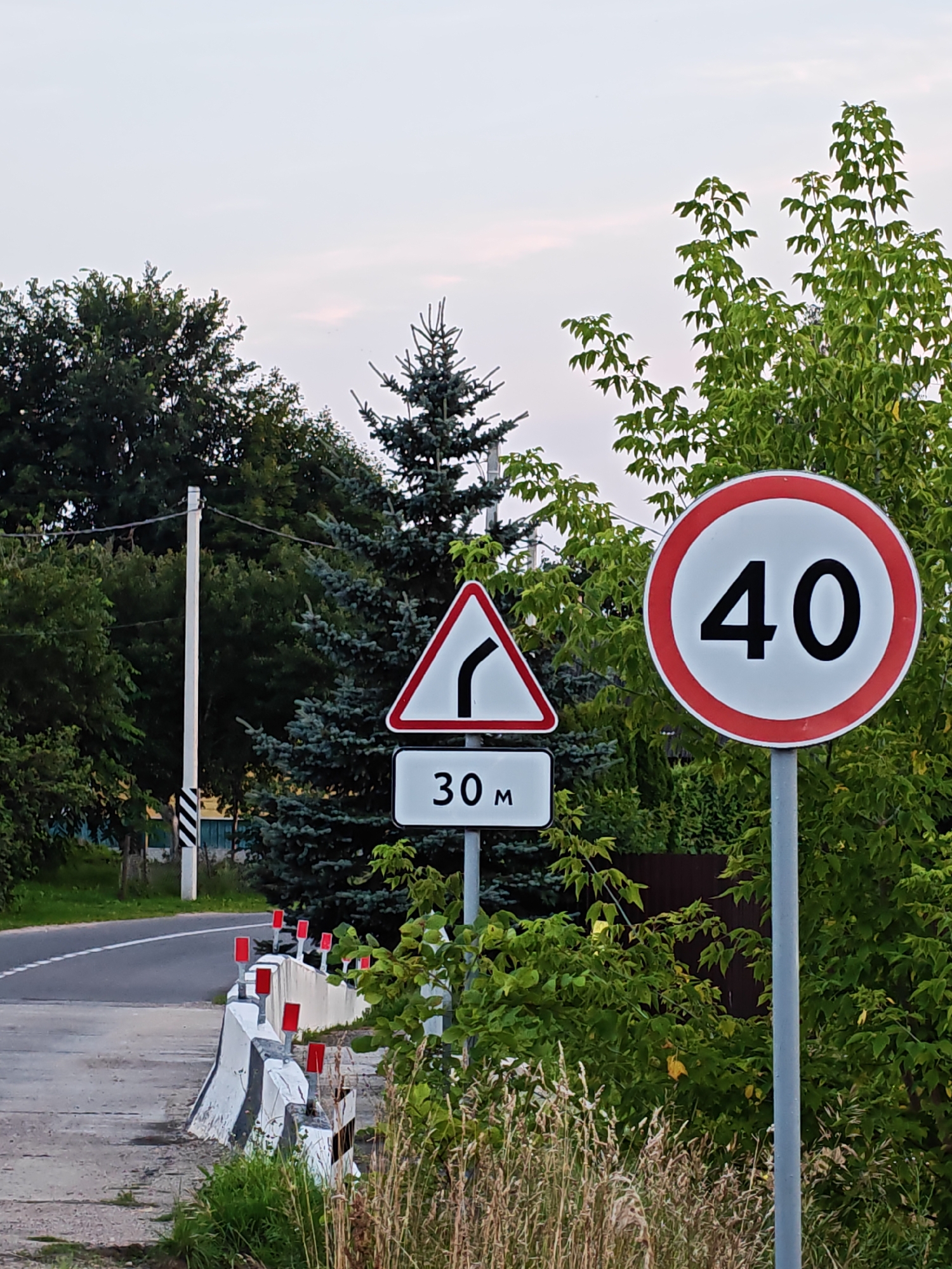 The image shows a roadside scene in the Валожынскі сельскі Савет, Belarus. There are three road signs. The largest sign, on the right, is a circular speed limit sign with a red border and a white background, displaying the number "40" in black. To the left of the speed limit sign is a triangular warning sign with a red border and a white background, depicting a curved arrow indicating a left turn. Below the triangular sign is a rectangular sign with a white background and black text that reads "30 M", indicating a distance. In the foreground, a concrete barrier with black and white diagonal stripes is visible, along with several red reflectors. A paved road curves to the left, bordered by grass and foliage. Trees and a utility pole are present in the background, under a cloudy sky. There are no people visible in the image.