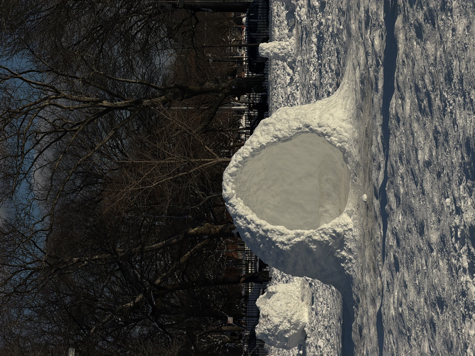The image displays a snow-covered urban park identified as Washington Square Park in New York City, United States of America. In the foreground, a substantial, hollow, dome-shaped structure constructed from compacted snow and ice dominates the scene. It features a smooth, concave interior and a rough, sculpted exterior. To the immediate left of this main structure, a large, irregularly shaped mound of snow rests on the ground. Further to the right and slightly behind, a smaller, conical snow pillar stands upright. The park's ground is entirely covered in a layer of textured snow and ice, with visible indentations suggesting foot traffic. Bright, clear sunlight originating from the right casts distinct shadows across the snowy surface. The background is filled with numerous bare deciduous trees, their dark, intricate branches forming a dense silhouette against a partly visible blue sky with faint clouds. Beyond the treeline, elements of urban infrastructure are discernible, including a dark metal fence, a street, and parked vehicles. A single, darkly clad individual is partially visible walking leftward in the mid-ground, positioned between the large snow mound and the main snow structure. No specific actions or interactions are prominently featured.