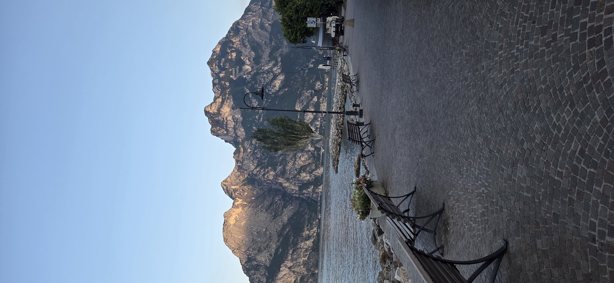 The image depicts a waterfront promenade in Torbole, Italy, facing a large lake and mountains. The foreground features a cobblestone pathway with several empty wooden benches. To the left, the lake's calm surface is visible, bordered by a rocky shore with a planter box containing pink and white flowers. A tall, slender tree stands near the water's edge, with a lamppost beside it. In the background, majestic mountains rise, their peaks illuminated by the warm glow of the setting sun. The sky above is a clear, pale blue. Further along the promenade, a few people are faintly visible near a covered seating area and a small utility vehicle. The scene conveys a sense of tranquility and natural beauty.