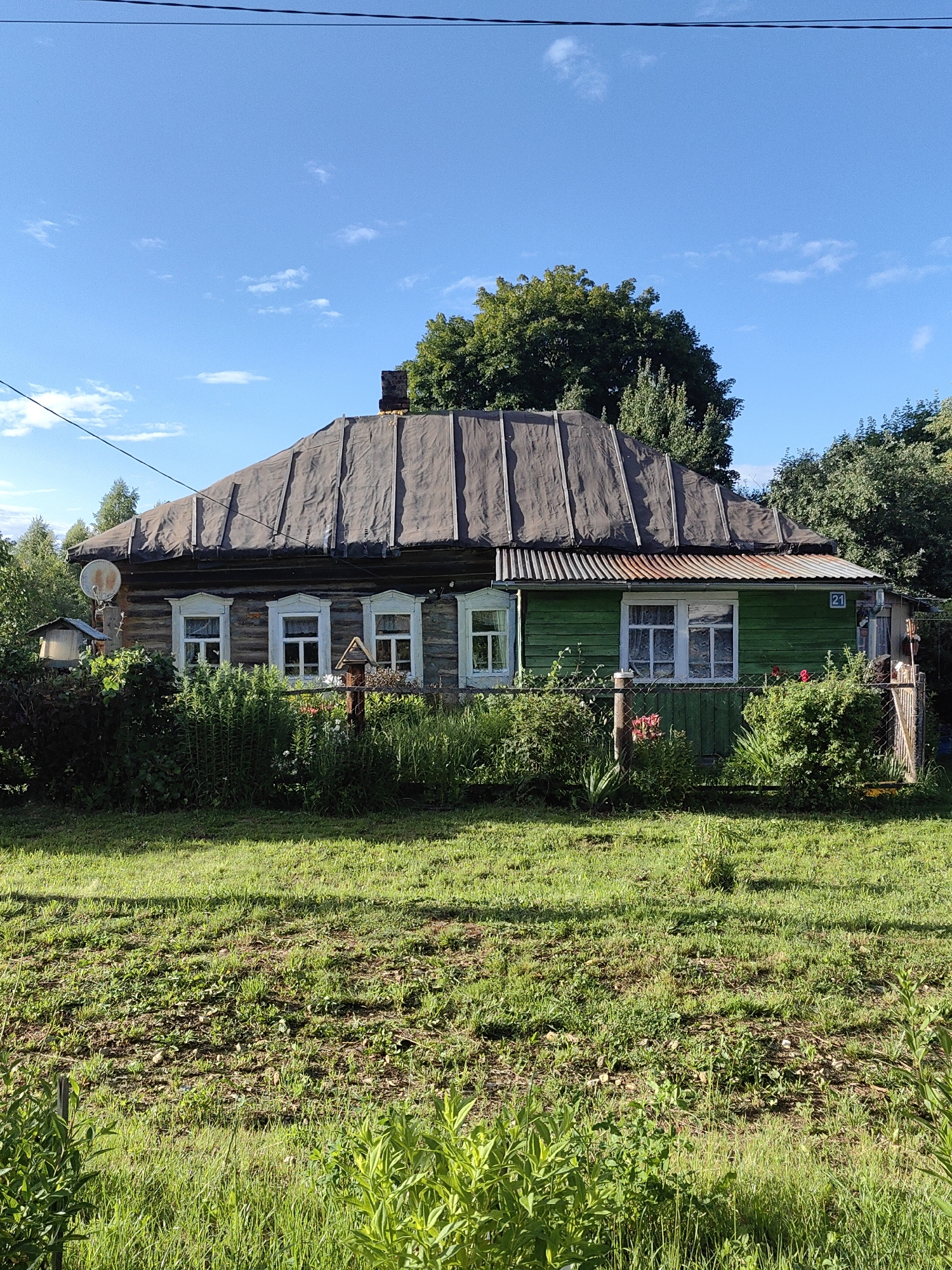 The image shows a rustic, weathered wooden house with a dark, tarp-covered roof. The house has several windows with white trim and curtains visible. The front of the house is partially covered by dense green foliage and a low fence. To the left of the house, a satellite dish is mounted on a wooden pole. To the right, a section of the house is painted green, and a house number "21" is visible. The scene appears to be in a rural or suburban setting, possibly a dacha or village home, with lush green grass in the foreground and trees in the background. The sky is blue with a few wispy clouds. The location is identified as Квант-88 Снт, Russia. There are no people or animals visible in the image, and no actions or interactions are depicted. The overall impression is of a quiet, somewhat aged, residential property.