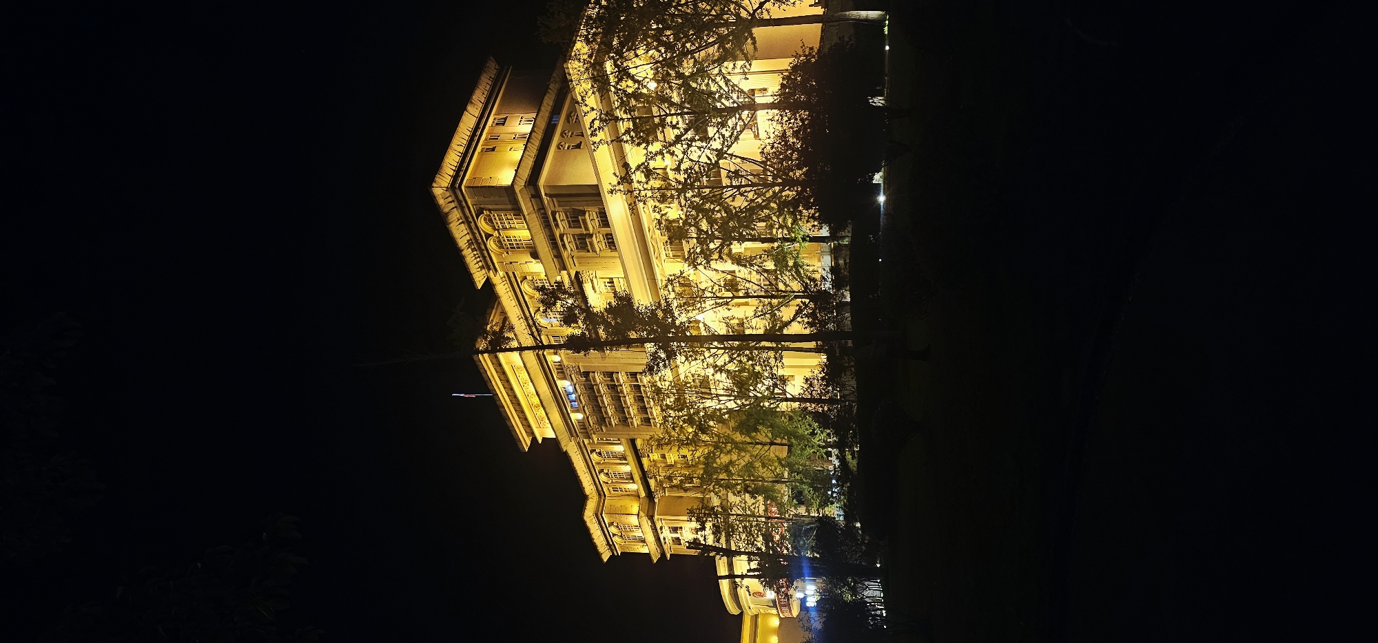 A wide-angle, vertical shot captures a large, illuminated building at night, silhouetted against a black sky. The building, with its multiple stories and ornate architecture, glows a warm yellow from exterior lights. Trees with bare branches in the foreground partially obscure the building. A dark, grassy slope leads up to the building, with small lights visible in the landscape. The scene appears to be an exterior shot of a grand building in Beibei, China.