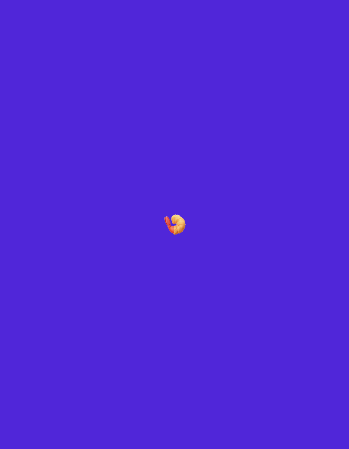 The image is a digital illustration featuring a single shrimp emoji against a solid purple background. The shrimp emoji is orange and curled, located slightly off-center to the left and towards the bottom of the frame. There is no indication of Nyzhnii Verbizh, Ukraine, in the image.