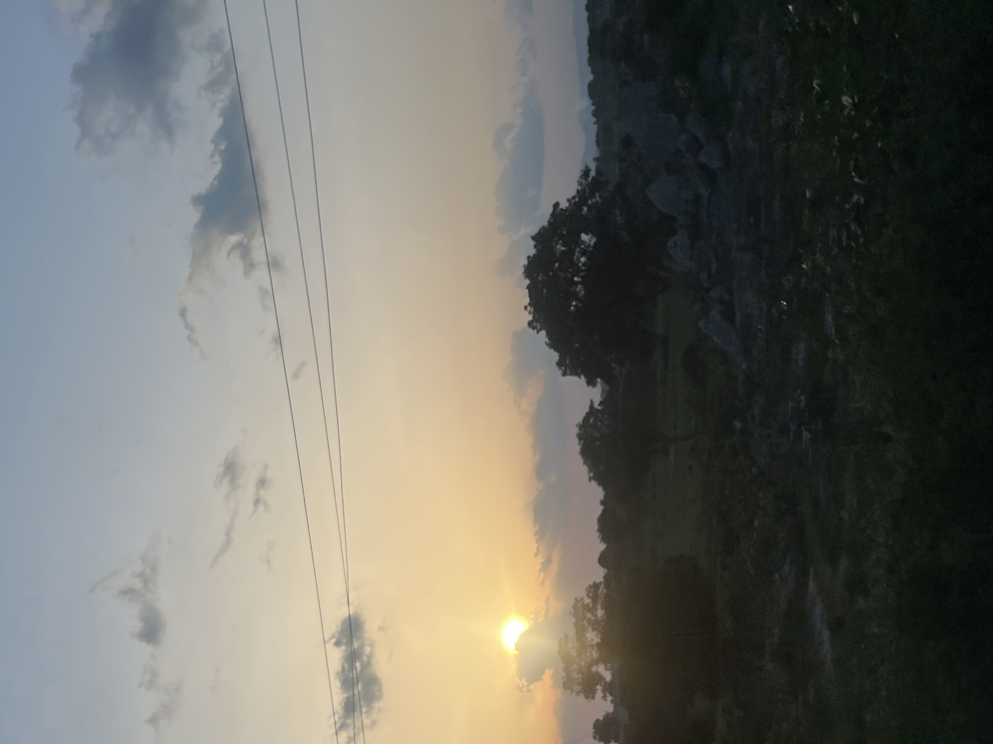 The image captures a rural landscape during either sunrise or sunset in Rinjim Gani, Nigeria. The sun, a bright yellow-white disc, is positioned on the left side of the mid-frame, partially obscured by dark-edged clouds, illuminating the lower sky with warm golden-orange hues. Above this, the sky transitions to a light blue-grey, featuring scattered grey cumulus clouds. Three dark, parallel utility lines horizontally traverse the upper middle section of the frame. The foreground and midground are dominated by silhouetted natural elements, including dark, dense trees and shrubs. A large, dark-canopied tree stands prominently on the right side of the mid-frame, adjacent to scattered dark boulders and rocky formations. In the distant background, the faint outlines of rolling hills or mountains are visible under the soft light. The ground in the immediate foreground consists of dark, indistinct vegetation, indicative of grassland or shrubbery. No human subjects, animals, or man-made structures are discernible within the frame.
