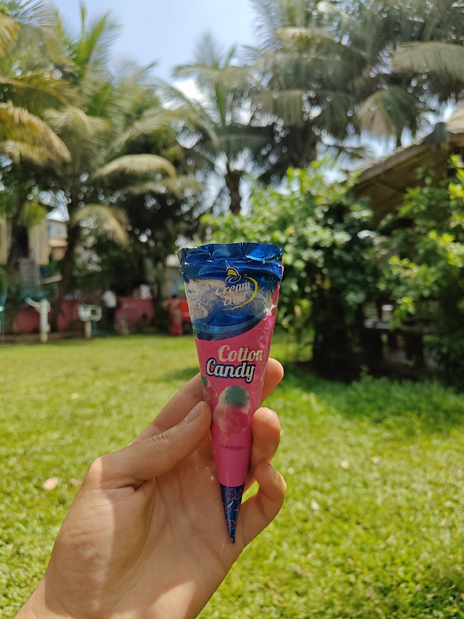 A person holds a sealed "Cotton Candy" ice cream cone in their hand. The packaging is primarily pink and blue. The background consists of a grassy area with trees, including palm trees, suggesting a tropical or subtropical location. There is a building and what appears to be a playground or recreational area visible in the distance. A partially visible thatched roof structure is also present on the right. The specific location is unknown.