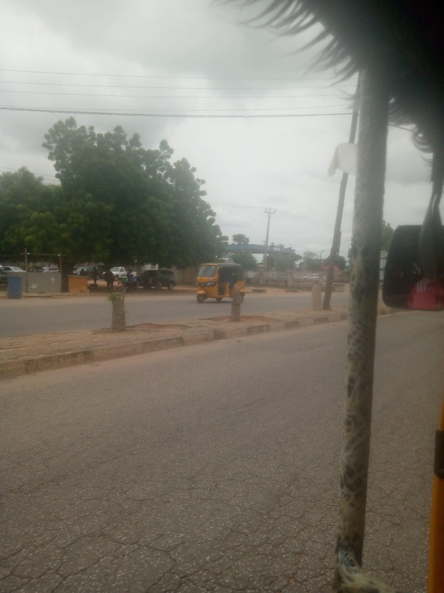 The image depicts a street scene in Jalingo, Nigeria, under an overcast sky. In the foreground, a cracked asphalt road dominates the lower portion of the frame. To the left of the road, a concrete curb separates it from a sandy verge with some sparse vegetation. Beyond the verge, a shaded area is visible under a large, dense green tree.
Several vehicles are present. A yellow three-wheeled auto-rickshaw is in motion on the road, heading away from the viewer. To the left of the auto-rickshaw, parked cars and what appear to be people gathered are visible. These include a dark-colored SUV or similar vehicle and other cars. A patterned fence or wall is situated behind the parked vehicles. In the background, utility poles and power lines are visible against the cloudy sky.
The overall impression is that of a typical urban street in Jalingo, possibly a commercial or busy area with people and traffic. The weather appears to be cloudy, suggesting it might be a humid or rainy season day. The perspective suggests the photo was taken from within another vehicle.