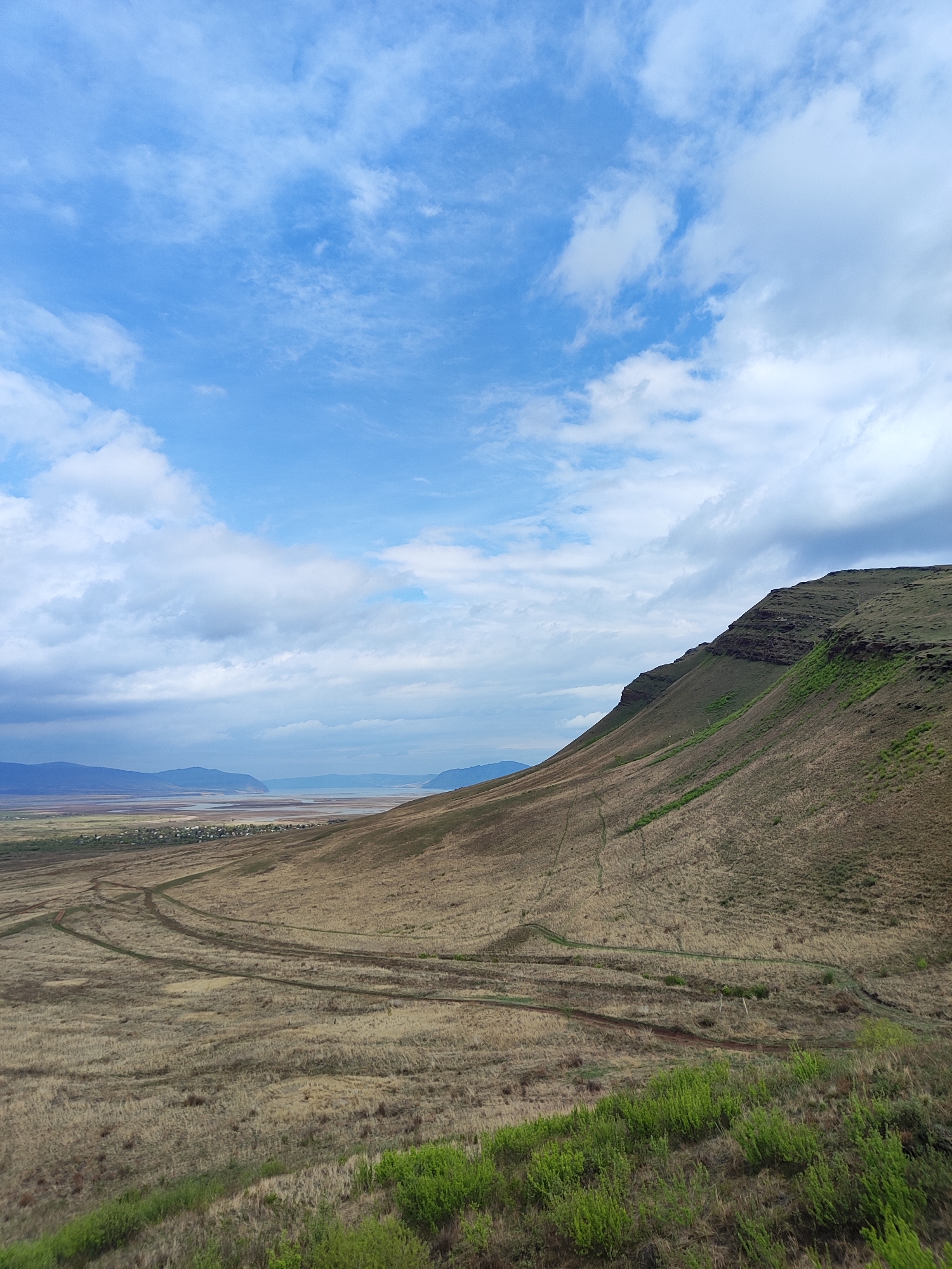 The image shows a landscape in an unknown location. The foreground features brownish-yellow grassland with some patches of green vegetation. Several trails traverse the terrain. A hillside slopes upwards towards the right side of the frame, with layered rock formations near its top. In the distance, a body of water is visible, bordered by land and distant hills. The sky is blue with scattered white clouds. There are no people visible.