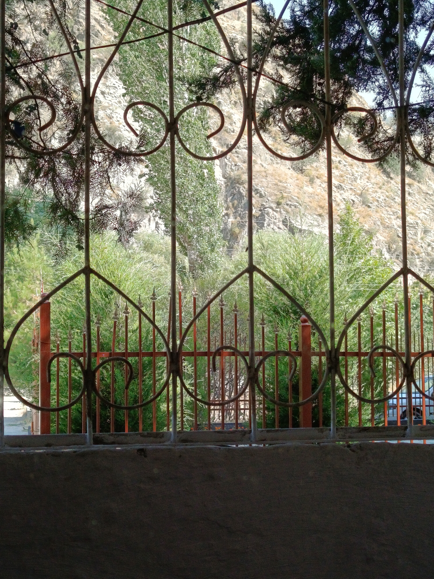 The image shows a view through a decorative metal fence, with a mountain landscape and vegetation in the background. The fence is made of dark metal with ornate scrollwork and vertical bars. In front of the fence, there is a concrete structure at the bottom of the frame. Behind the fence, there are lush green trees and bushes, and a rocky hillside rises in the distance. The sky is visible at the top. The scene appears to be outdoors, possibly in a residential area or a park, given the presence of the fence and cultivated greenery. The specific location in the city of Varzob, Tajikistan, is suggested by the context, but the image itself does not contain any explicit textual or symbolic identifiers of that location. There are no people or animals visible in the frame. The lighting suggests it is daytime, likely with bright sunlight given the highlights and shadows.