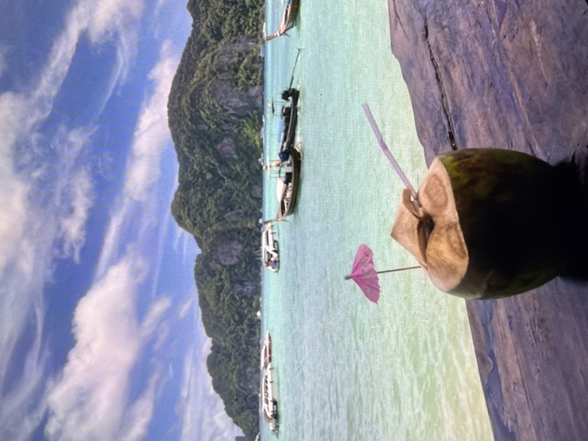 This image captures a vibrant tropical coastal scene, viewed from a wooden surface that occupies the right side of the foreground. In the immediate foreground, a fresh, green coconut drink is prominently featured on this dark, weathered wooden surface. The coconut has been partially opened at the top, revealing its white interior, and is adorned with a light pink drinking straw and a small pink paper cocktail umbrella.
Beyond the foreground, the scene opens to calm, clear, turquoise-green water. Several traditional longtail boats, characteristic of Southeast Asian regions like Thailand, are scattered across the water. Some of these boats appear to have passengers on board, suggesting ongoing tourist or local transport activities.
In the mid-ground and background, towering, lush green limestone karsts or islands, covered in dense vegetation, rise dramatically from the sea, forming a rugged and picturesque backdrop. The sky above is a bright, clear blue, dotted with scattered white, wispy clouds, indicating sunny daytime conditions.
The overall impression is one of a serene and inviting tropical paradise, evoking feelings of relaxation and vacation. There is no visible text in the image.