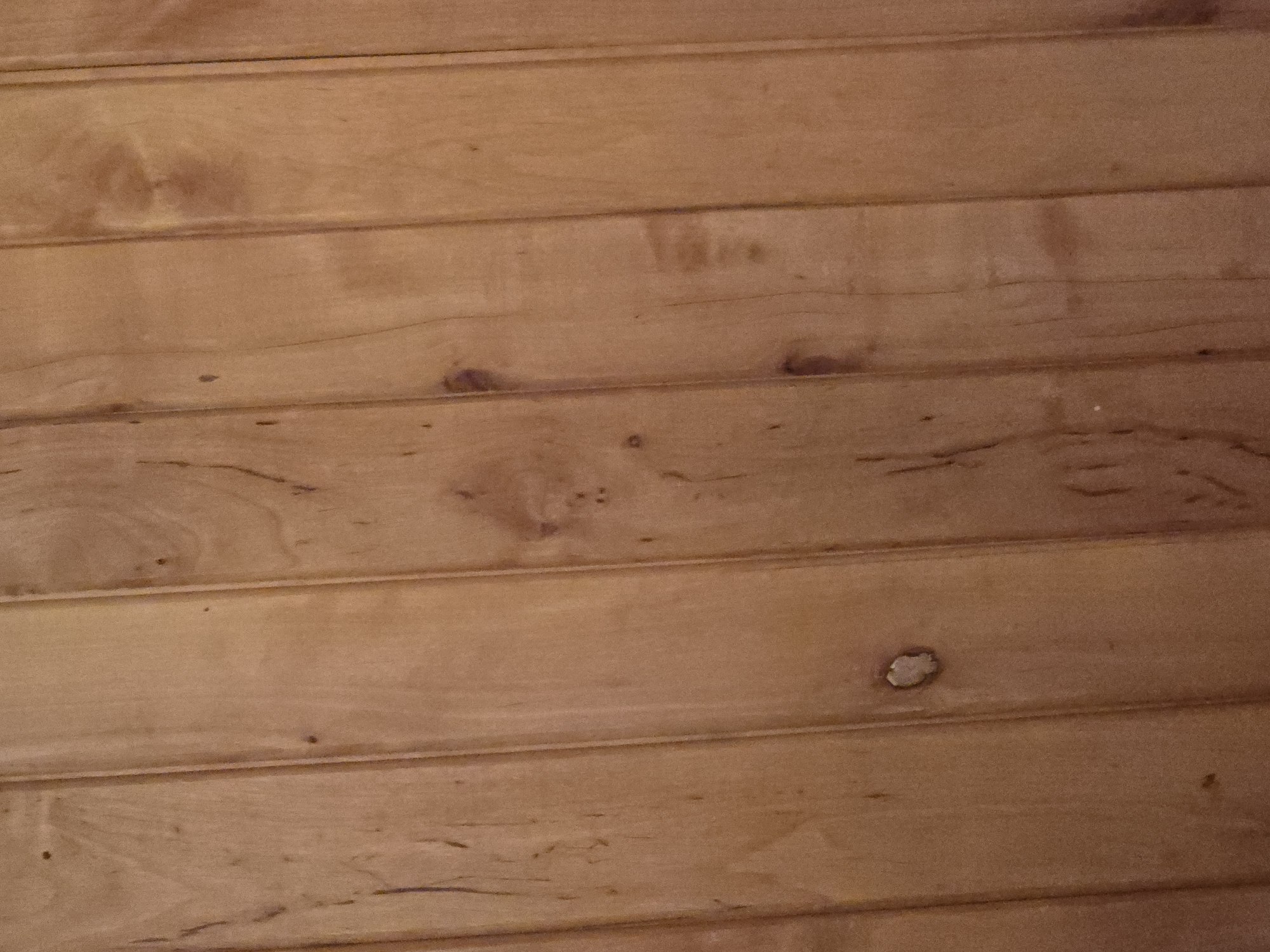 The image displays a close-up view of a wooden wall, likely interior, composed of vertical planks. The wood grain is visible, with variations in color ranging from light to medium brown, suggesting a natural material. There are occasional dark spots or knots scattered across the planks, adding to the texture and character of the wood. The surface appears smooth, indicating a finished or sealed state. The lighting is even, casting no harsh shadows, and the angle of the shot is perpendicular to the surface, providing a clear and detailed view of the material. There are no people, animals, or other objects present in the frame, making it a purely textural study of the wooden surface. The environment is not specified beyond being an interior setting with a wooden wall.