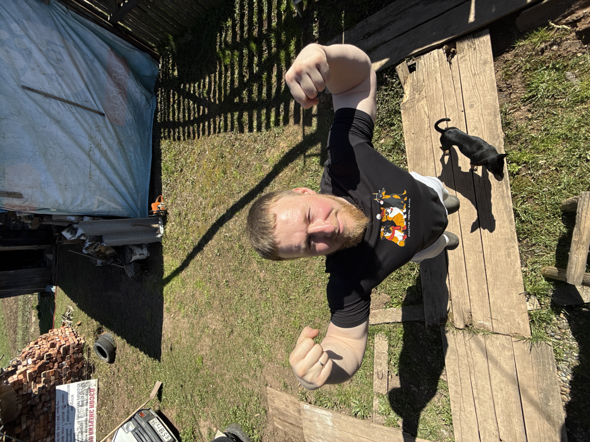 A man with a red beard wearing a black t-shirt with cartoon dogs on it is standing in a backyard. He is looking up at the camera and flexing both arms. A small black dog is standing on a wooden platform next to him. To the left is a covered area, a pile of bricks, and a car with the license plate "E518 TX 59." The location is likely in Russia, given the Cyrillic writing on the sign next to the bricks and the "RU" indicator on the covered object. The presence of an advertisement indicates the area may be in Rosstani, Russia. Shadows from a fence suggest the time of day is sunny and during daylight hours. The environment includes grass, dirt, and various wooden structures.