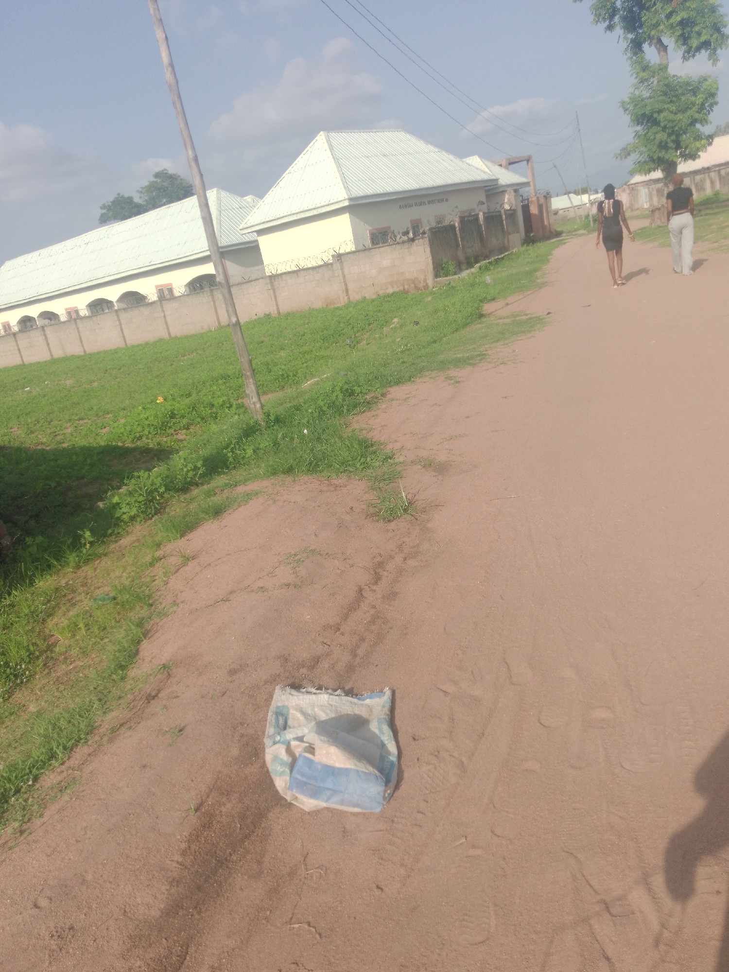The image depicts an outdoor scene in Jalingo, Nigeria, under a bright, likely daytime sky with scattered clouds. A dirt path dominates the foreground and mid-ground, stretching towards the background. On the left side of the path, a patch of green grass and some vegetation can be seen. Further back, a low, concrete wall topped with barbed wire separates the vegetation from a light-colored building with a distinctive light green, sloped roof. A sign on the building reads "BANGI GLOBAL INVESTMENT."
Two young women are walking away from the camera on the dirt path. One is wearing a short, dark dress and the other is in light-colored pants and a dark top. Their posture suggests they are engaged in conversation or simply walking together. In the immediate foreground, a crumpled bag, possibly made of woven material with blue and white sections, lies on the dirt path. The overall impression is one of a casual, everyday moment in a semi-urban or rural Nigerian setting. The lighting suggests it is likely late morning or early afternoon.
