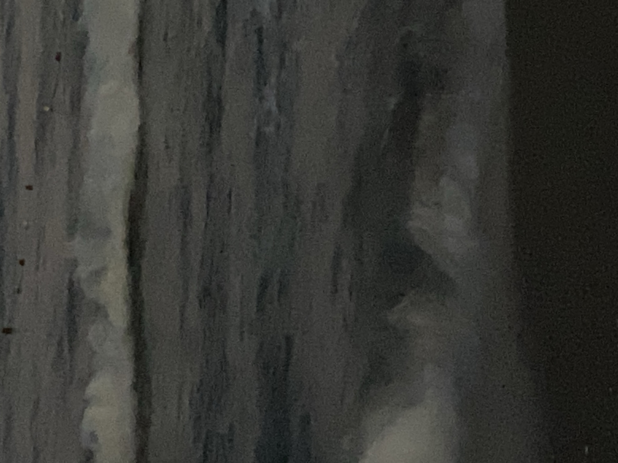 The image depicts a dark, grainy scene of waves crashing on a beach. The water is a deep, muted blue-grey, with white foam visible on the crests of the waves. The shoreline is a dark, sandy area at the bottom of the frame. In the distance, a few small, indistinct objects, possibly buoys or markers, are visible on the water. The overall impression is one of an overcast or twilight setting. The image does not provide any specific details to determine a precise location within Alanya, Turkey, but it is consistent with a coastal environment.