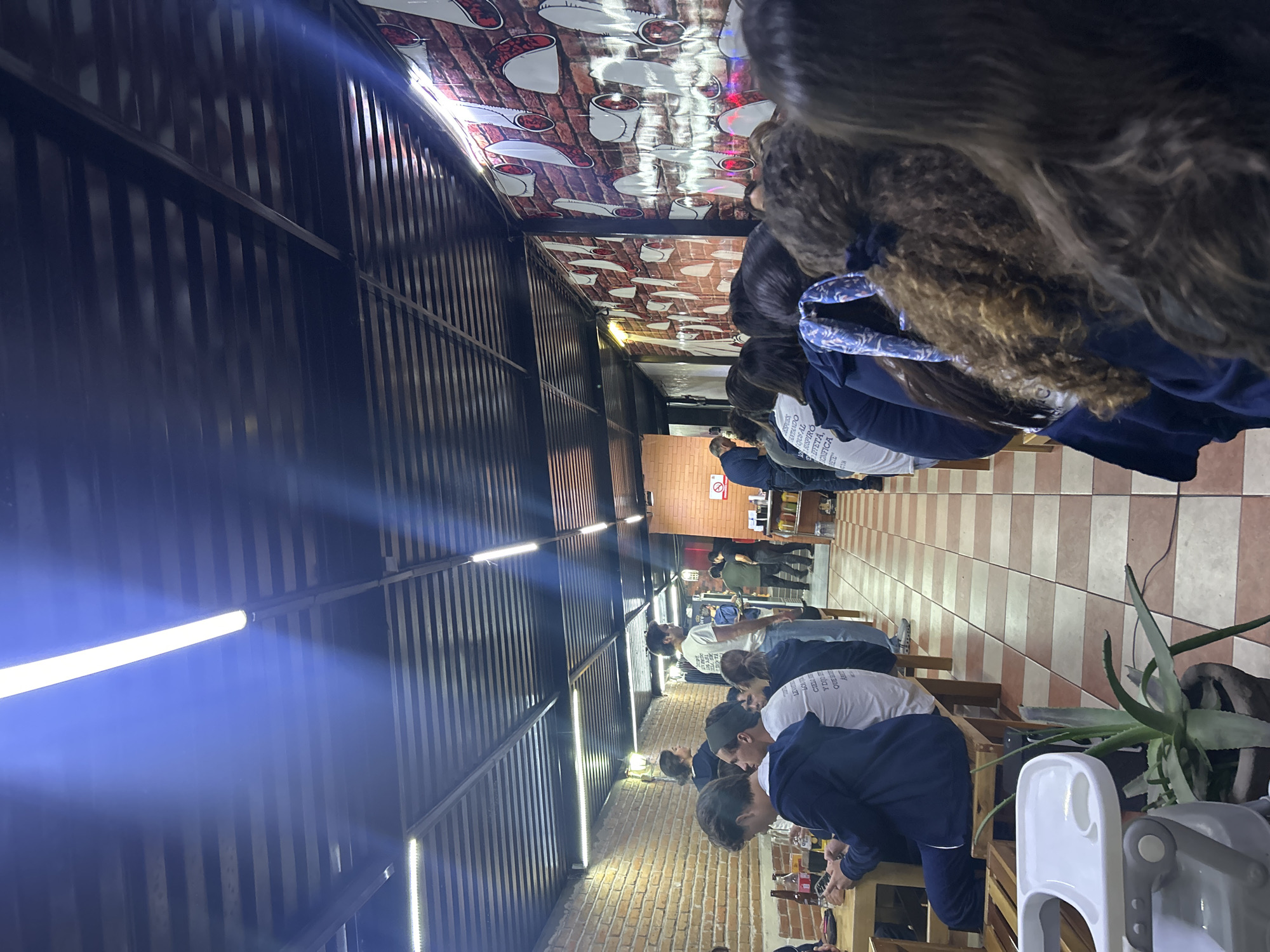 The image shows an indoor setting, possibly a restaurant, with multiple people seated at tables along a narrow corridor. The perspective is from a high angle, looking down the length of the space. The ceiling is decorated with a repeating pattern of food-related images against a brick-like background. The walls are constructed of dark, vertical metal slats illuminated by bright, linear light fixtures. People are seated on wooden chairs and appear to be engaged in dining or conversation. The floor is covered with light-colored tiles in a striped pattern. At the foreground, there is a potted plant with green leaves and what appears to be a high chair or other furniture. The location is Unknown, Unknown.