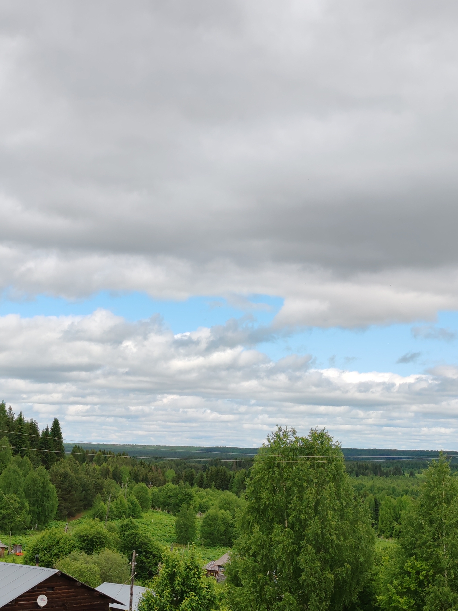 This is a panoramic landscape photograph captured in Чухлэм, Russia, depicting a vast expanse of lush green nature under a dynamic sky.
The sky occupies the upper two-thirds of the image, featuring a mix of grey, overcast clouds and significant patches of bright blue sky with white cumulus clouds. Some darker grey cloud formations are visible higher up, suggesting a partly cloudy or changeable weather day.
Below the horizon of the sky, the landscape is dominated by dense, vibrant green foliage. In the foreground, the upper parts of several rustic wooden buildings with grey metal roofs are visible on the lower left. One roof clearly shows a white satellite dish. Overhead, multiple thin power lines stretch across the midground, cutting horizontally through the scene.
The midground and background are filled with rolling hills and valleys covered in a dense mix of deciduous and coniferous trees, showcasing various shades of green. Some individual trees, like a prominent birch with light green leaves, stand out in the mid-right. The terrain appears to be undulating, creating a textured carpet of forest that extends far into the distance, eventually meeting a faint horizon line.
There are no people or specific activities taking place, portraying a serene, natural scene. The time of day appears to be daytime, likely late morning or early afternoon, given the overall light conditions. The weather is overcast but with breaks of sunshine implied by the visible blue sky. No visible text is present in the image.