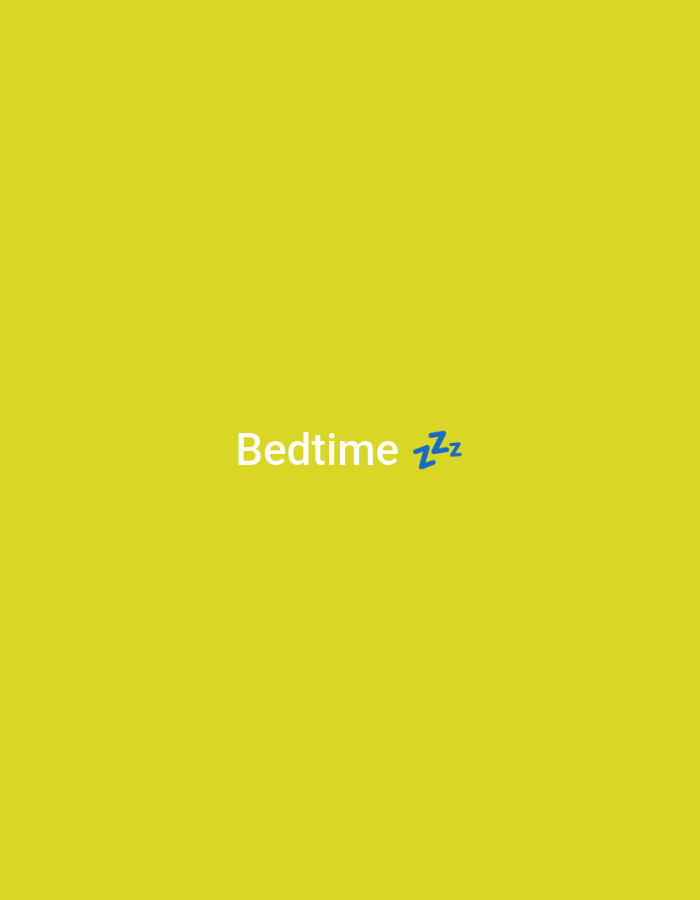 The image shows the word "Bedtime" in white text, followed by a blue "zzz" icon, against a yellow background. There is no indication of location.
