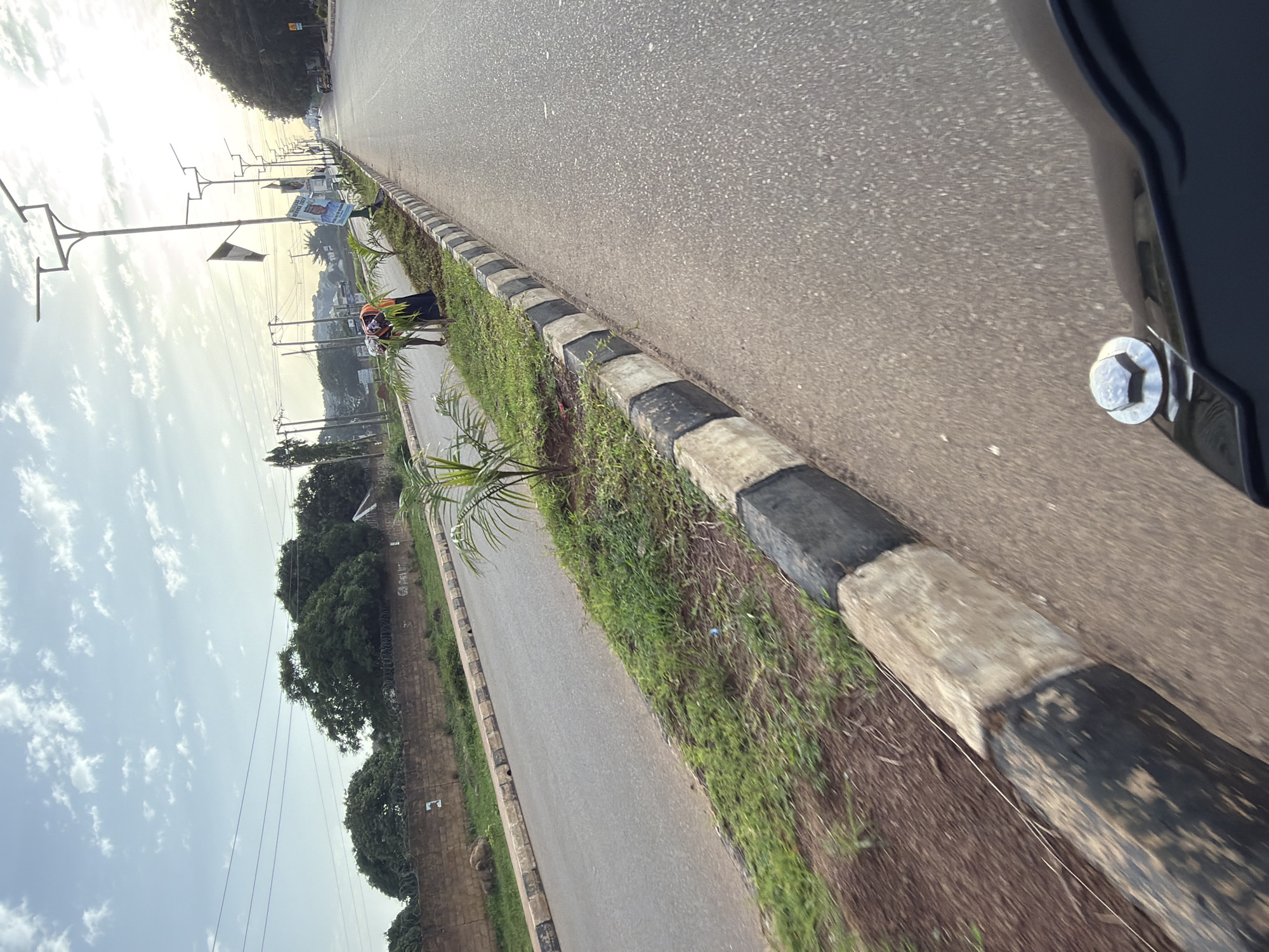 The image depicts a roadside scene in Gura Top, Nigeria. A paved road with a concrete curb, painted with alternating black and white stripes, runs diagonally across the frame. To the left of the road, a strip of grass and young palm trees are planted along the median. A brick wall with barbed wire topping runs parallel to the road in the distance. Further back, there are trees and some buildings.
On the right side of the road, several lampposts line the median, some with posters attached. One poster features a portrait of a man and text that appears to be political. Two individuals, one wearing a bright orange vest and dark pants, are tending to the plants in the median. The sky is partially cloudy with the sun low on the horizon, suggesting early morning or late afternoon. The foreground shows a dark metallic surface with a visible bolt, possibly part of a vehicle. The overall environment appears to be an urban or semi-urban setting.