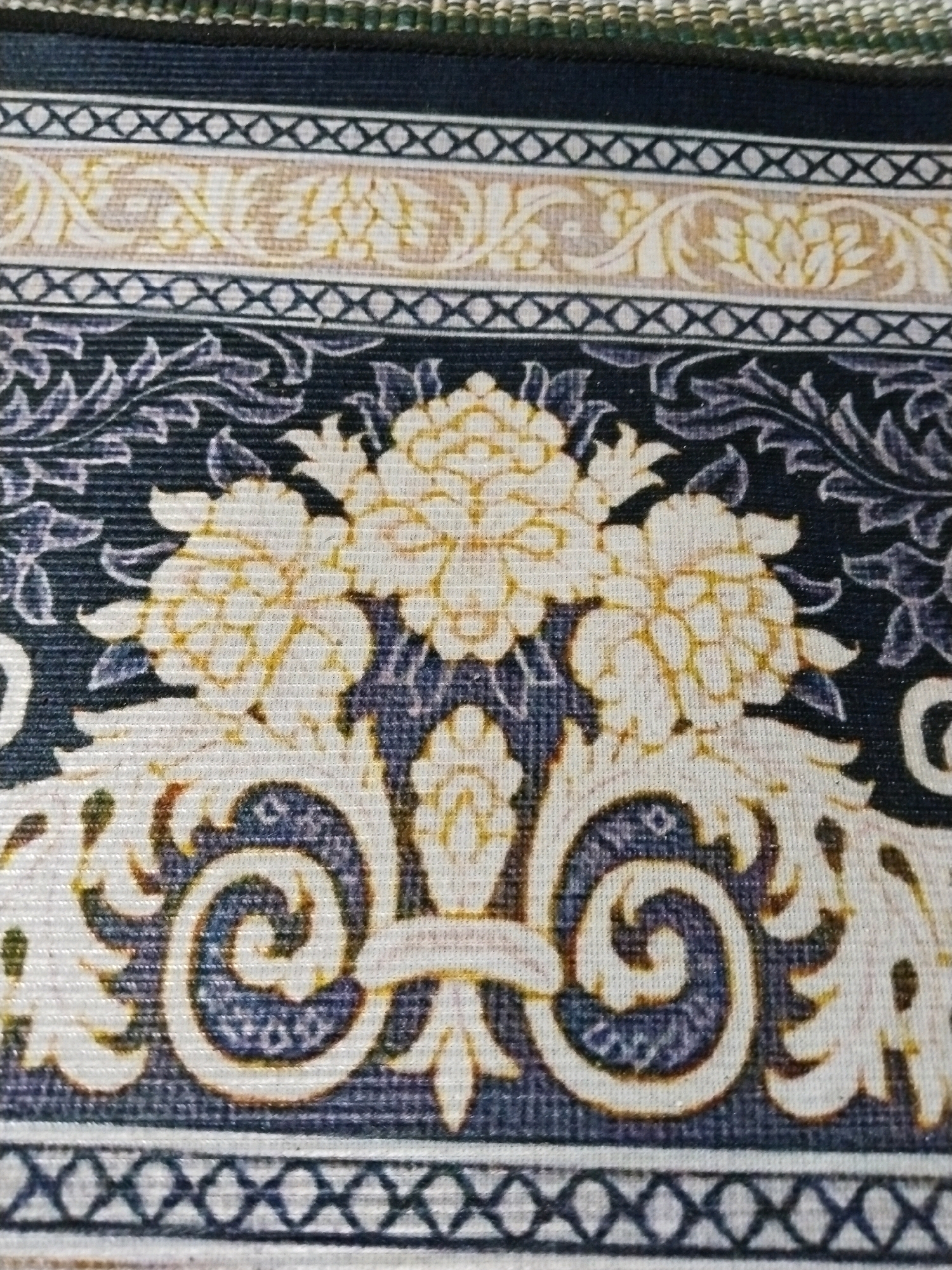 The image displays a close-up, angled view of a fabric with a detailed floral and ornamental pattern. The dominant colors are dark blue, cream, and yellow, with some subtle green and brown accents. The pattern features large, stylized flowers in cream and yellow, set against a dark blue background with intricate vine-like motifs. Separating sections of the floral pattern are horizontal bands of geometric designs, including a band of interconnected 'X' shapes and a wider band with a lighter, more abstract floral or foliate design in yellow and cream. The texture of the fabric, possibly a rug or tapestry, is visible, showing a woven surface. There are no people, animals, or signs of a specific location in Tasikmadu, Indonesia, present in the image.