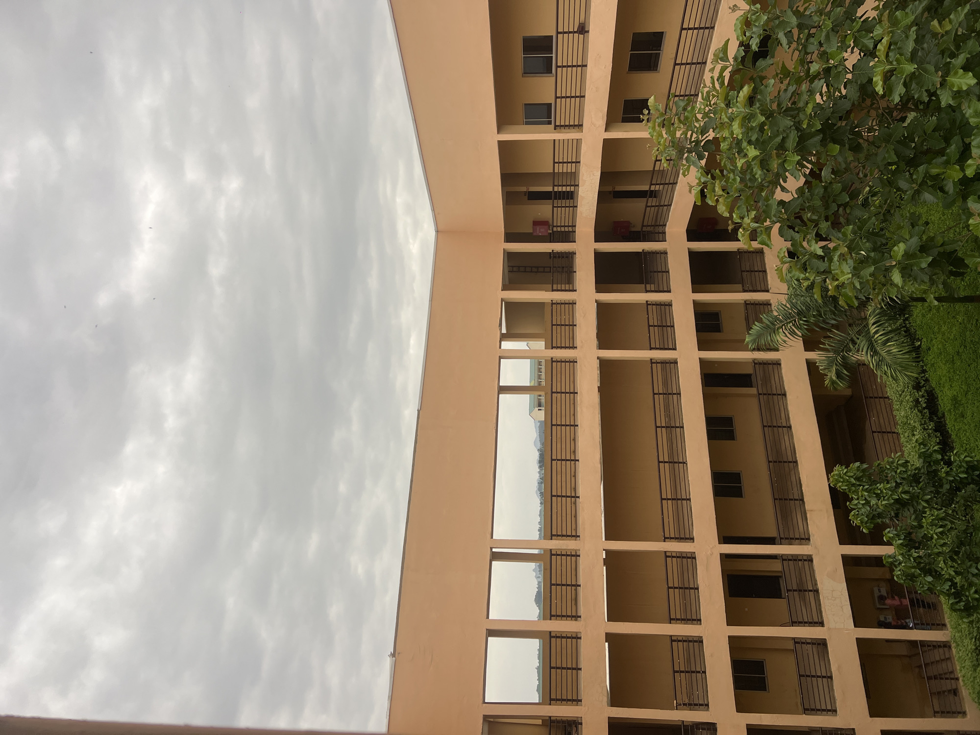 An outdoor, eye-level shot captures a contemporary, multi-story building with a cream-colored facade and dark railings on its balconies. The building features open-air walkways and numerous windows. In the foreground, lush green foliage, including a large tree with broad leaves and a palm tree, frames the lower right and bottom of the image. The background reveals a distant, hazy landscape with trees and hills, and a cloudy sky dominates the upper portion of the frame. The scene appears to be a public building or an institutional complex, potentially located in a semi-urban or rural area. The overall impression is one of an overcast day, with a sense of quietude.