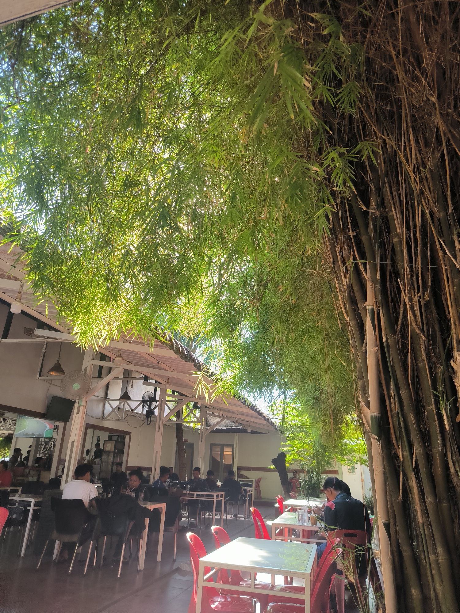 The image depicts an outdoor dining area at a restaurant in Lhokseumawe, Indonesia. The restaurant has a partially covered roof with white beams and supports, under which are multiple tables and chairs. Most tables are occupied by customers. The seating is a mix of red and black chairs. A large bamboo structure provides shade over the right side of the frame, with dense green foliage obscuring the sky. Sunlight filters through the leaves, creating dappled light. The restaurant appears to be open-air with a partial wall visible in the background. Customers are engaged in various activities such as eating, drinking, and using electronic devices. A television screen is visible on the left wall of the restaurant. The overall atmosphere is casual and relaxed.